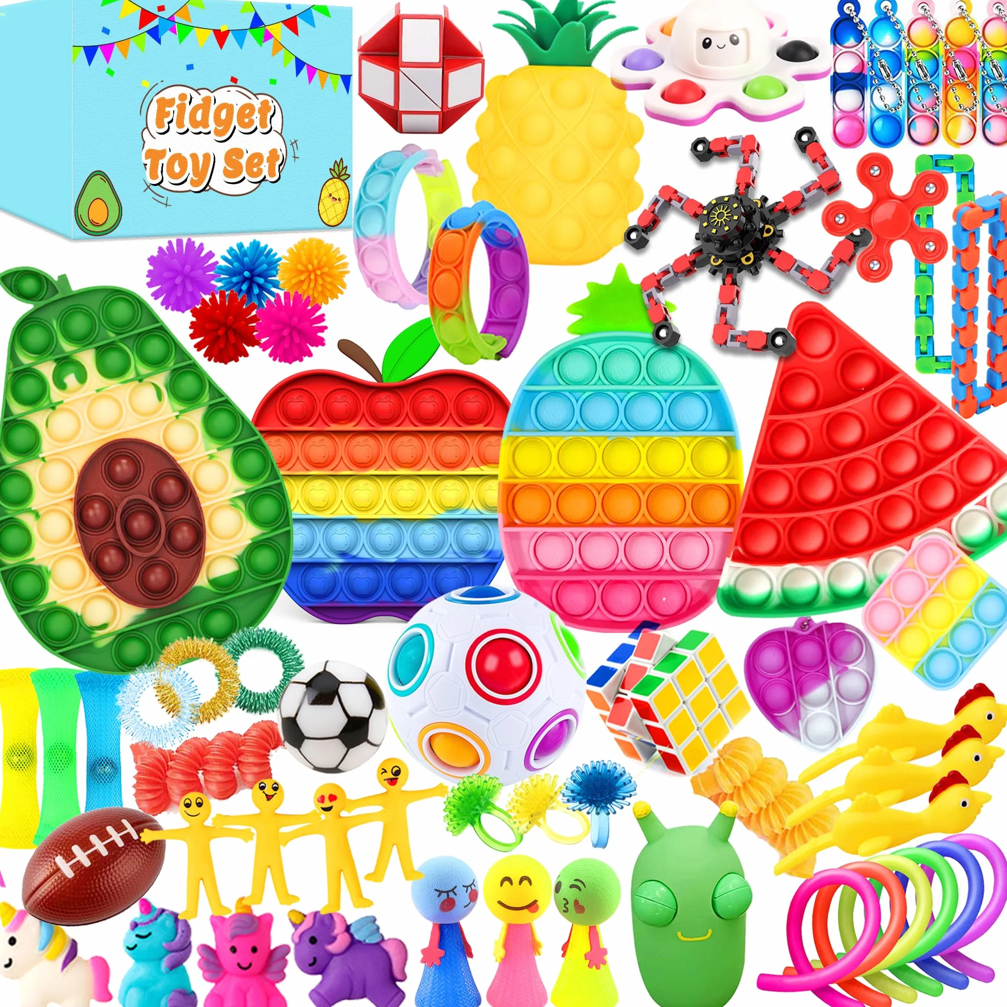 Chennyfun Fidget Toy Set, 62 Pezzi Fidget Toys Pack,Anguria Mela Kiwi Fidget Toys Set Giochi Sensoriali Anti Ansia e Stress è Adatta per Adulti e Bambini, può Essere Usata Come Regali per Feste