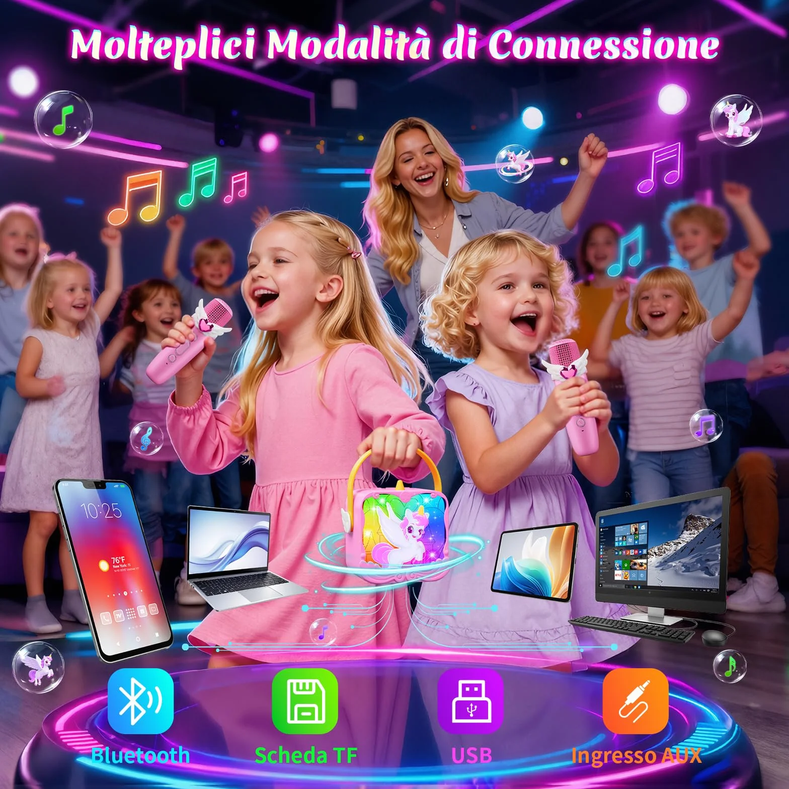 Kidluna Unicorno Karaoke Microfono Bluetooth con Luce LED Bambini 3-12 Anni Regalo Bambina