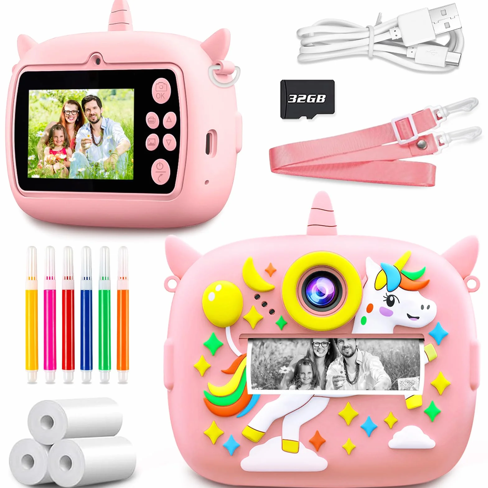 Macchina Fotografica Bambini, 2,4 Pollici Macchina Fotografica Istantanea, 1080P Macchina Fotografica Bambini Istantanea, con 32GB Scheda SD e Carta da Stampa, Regalo per Bambini dai 3-12 Anni