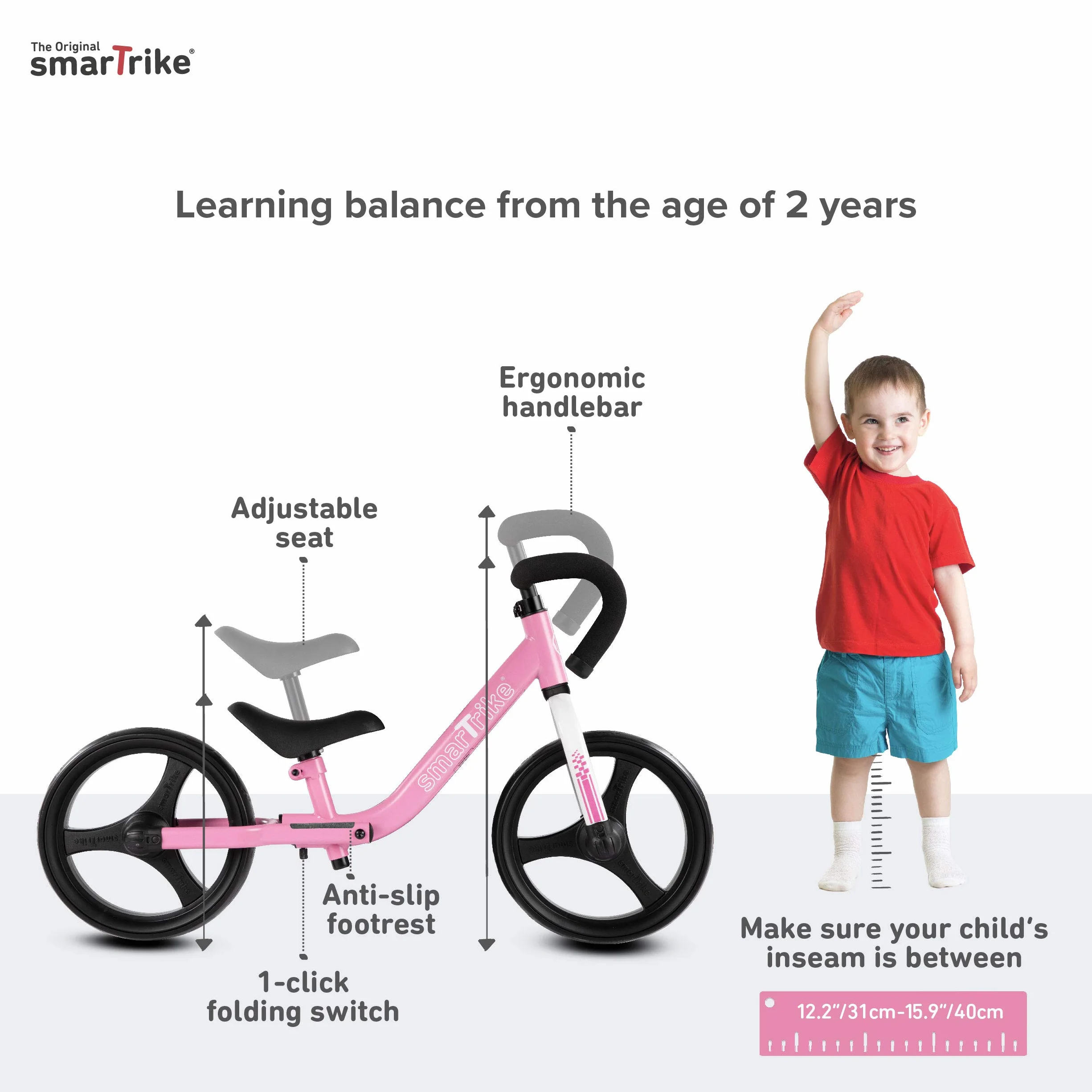 smarTrike Folding Balance Bike, Bicicletta Pieghevole con Attrezzi di Sicurezza per 2-5 Anni, Colore: Rosa Unisex-Bimbi 0-24, s