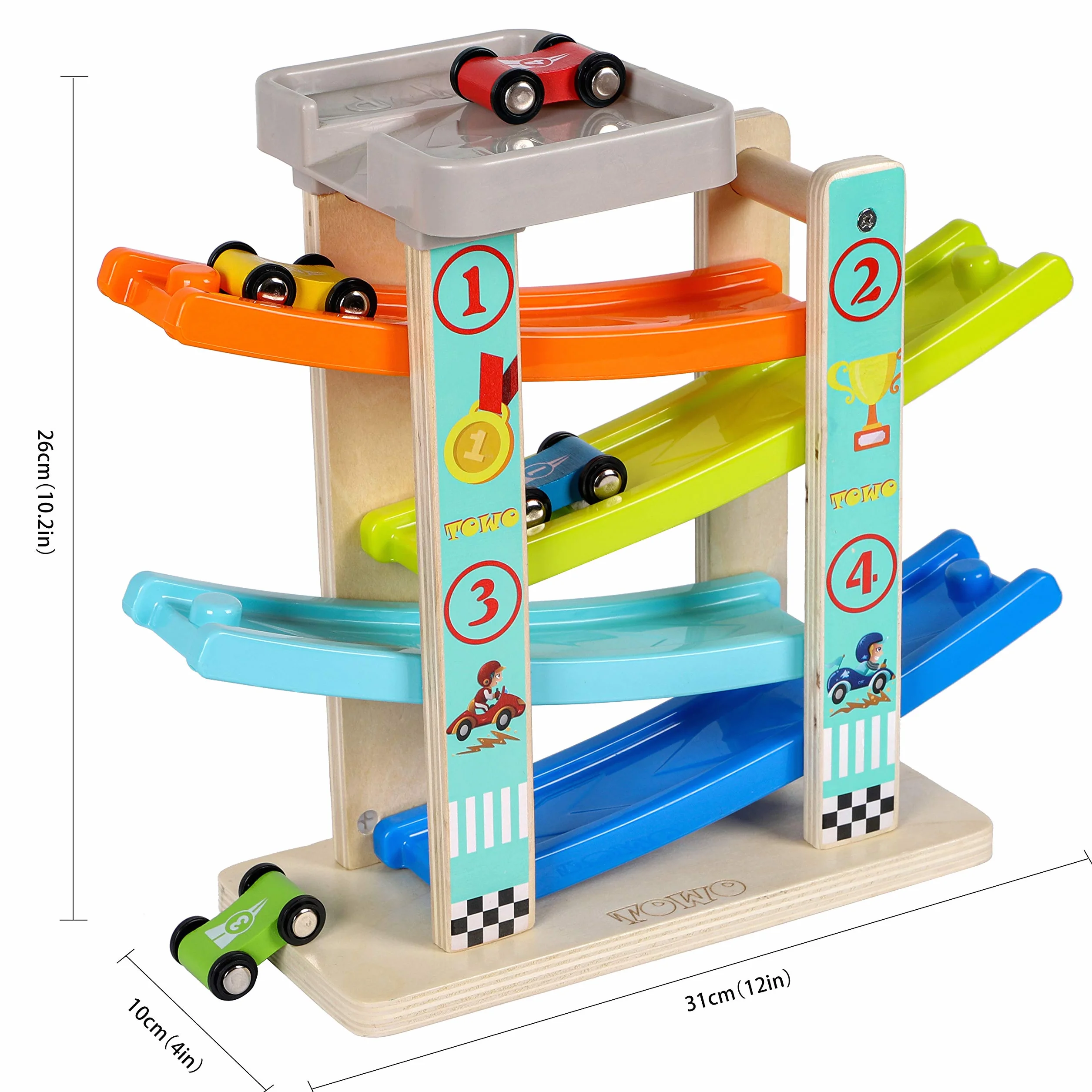 TOWO Pista per Auto in Legno -Rampa Auto Click-Clack con 4 Macchinine da Corsa in Legno per Bimbi Parcheggio sul Tetto e Piste a Zig-Zag - Giocattoli di Legno per Bambini di 1 2 3 4 Anni