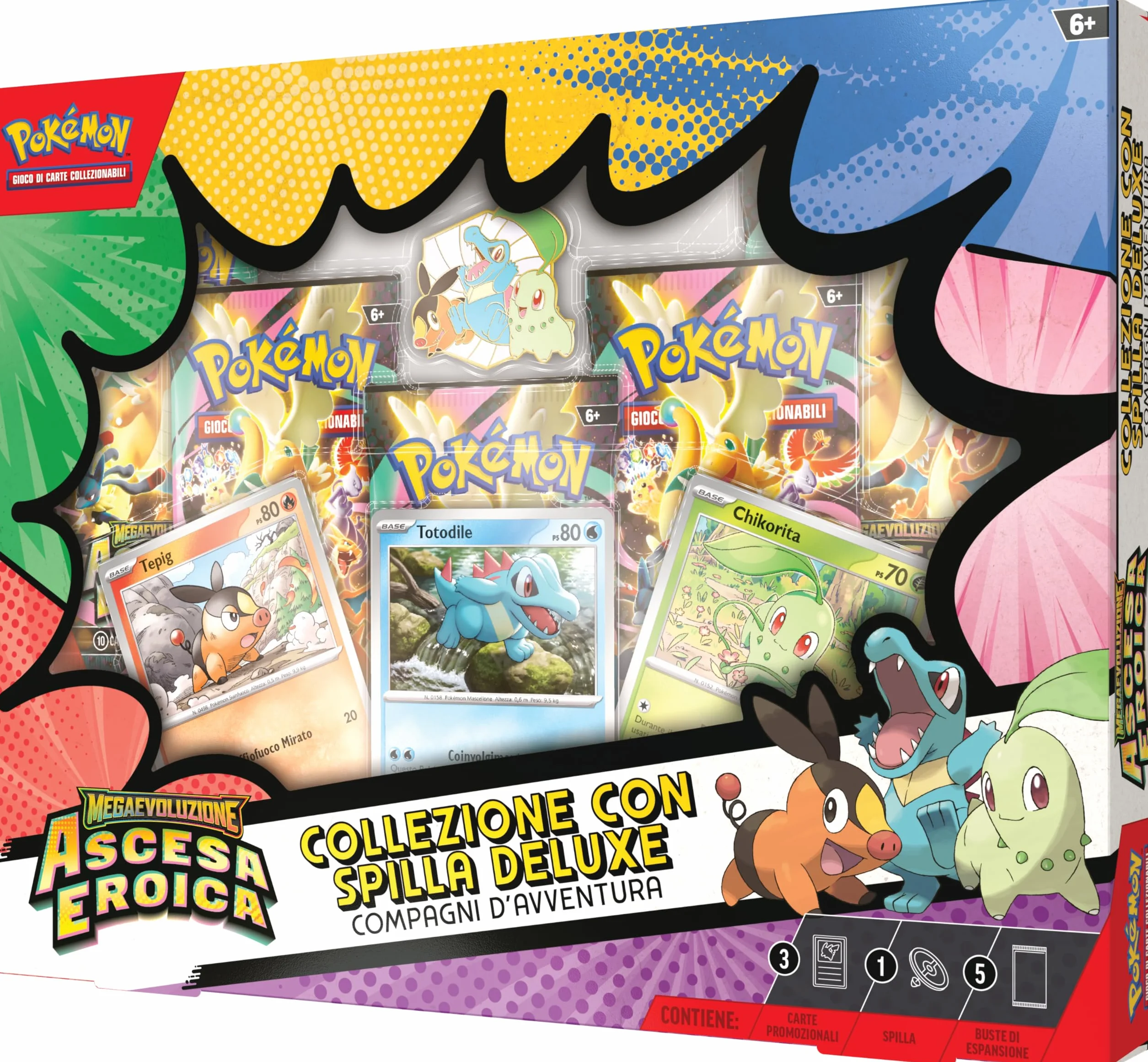 Pokémon: collezione con spilla deluxe Compagni d’avventura dell’espansione Megaevoluzione - Ascesa Eroica del GCC Pokémon (3 carte promozionali olografiche, 1 spilla deluxe e 5 buste di espansione)