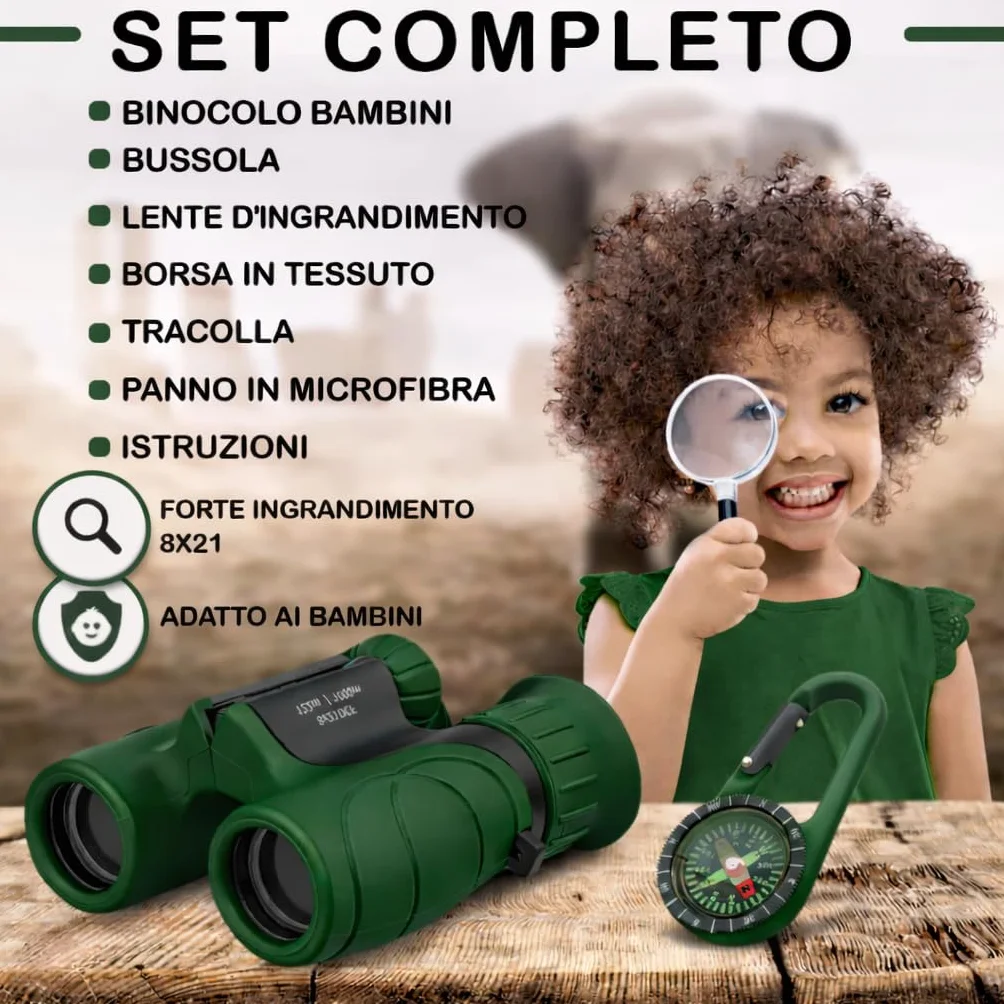 Binocolo Bambini - Regalo ottimale per bambino e bambina - Forte ingrandimento 8X21 - Set Esploratore Completo con Lente d'Ingrandimento e Bussola - Giochi per bambino e bambina di 3-12 anni