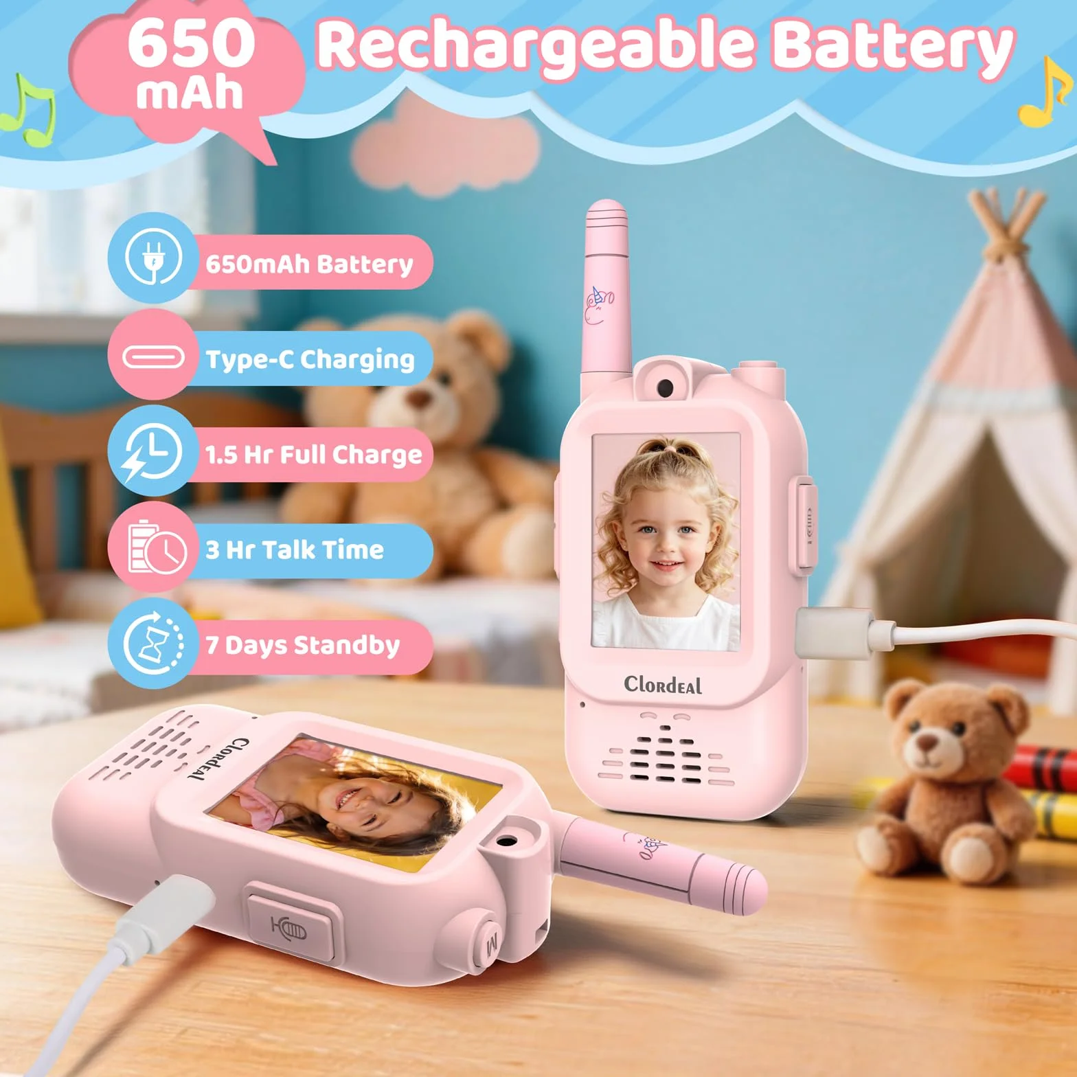 Video Walkie Talkie Bambini Lungo Raggio Ricaricabile, Regalo Bambina 3-12 Anni, Videochiamata, 6 Effetti Voce, 23 Emoticon, 12 Adesivi, LCD 2", Rosa, Confezione da 2