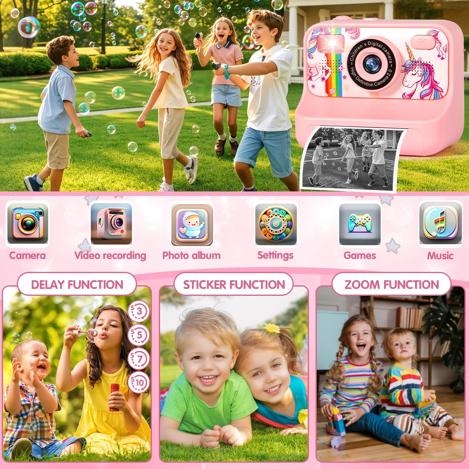 Macchina Fotografica Bambini Istantanea, 2.4" 1080P Fotocamera Bambini con 32 GB Schede e Carta da Stampa, Macchina Fotografica Bambino, 180 °Flip Len,Regali per Ragazzi Ragazze da 3-12 Anni