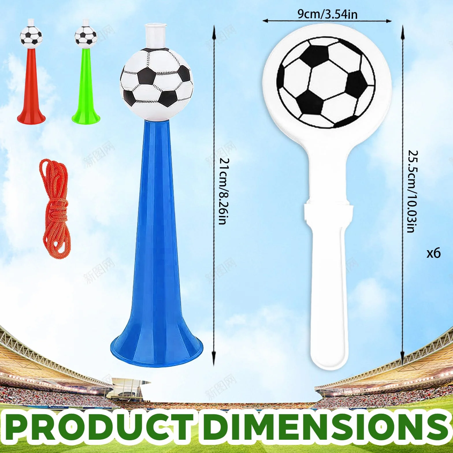 3 Vuvuzela a Forma di Pallone da Calcio con 6 Clap-main de football, corni da calcio, Trombe da Stadio per Eventi Sportivi, Tornei di Calcio, Basket trombette festa compleanno