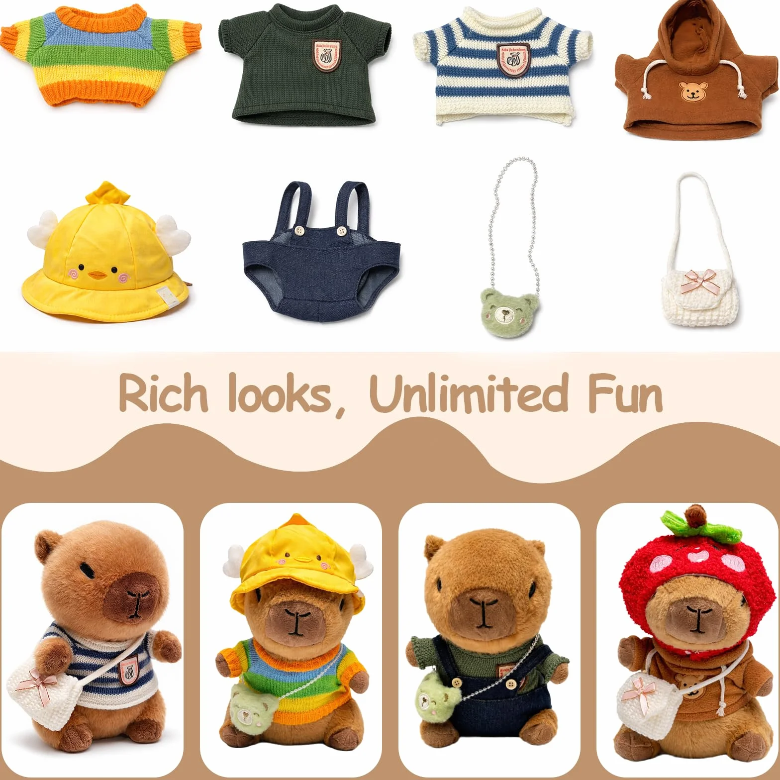 Capibara peluche marrone da 25,9 cm, con 9 vestiti e accessori, super morbido, per bambini, ragazze e ragazzi (capibara marrone)