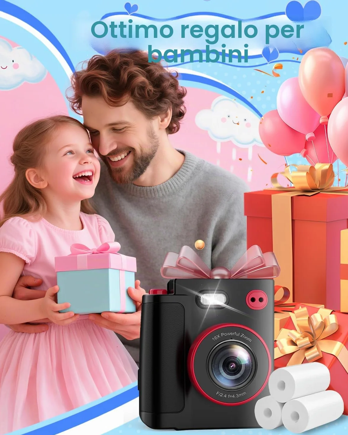 Macchina Fotografica Bambini Istantanea, 1080P HD Fotocamera Istantanea per Bambini con 32GB Scheda & Carta Fotografica, Giocattolo Regalo di Natale Compleanno Bambino e Bambina 3-12 Anni