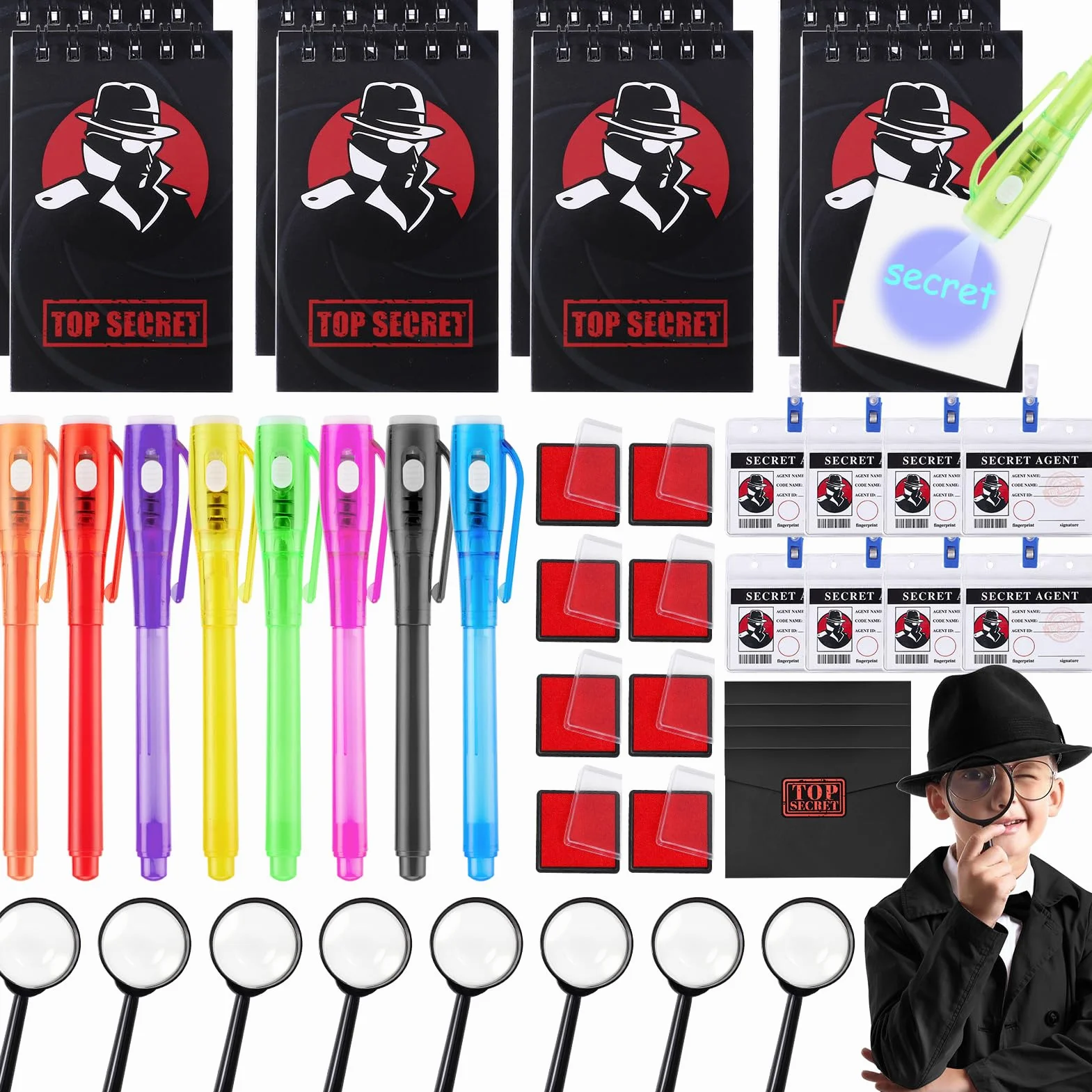 Detective Gadget Compleanno Bambini con Penna invisibile e Taccuino, Carte D'identità Detective, Lente D'Ingrandimento,Tamponi per Impronte Digitali, Kit Spionaggio Gioco Detective per Bambini