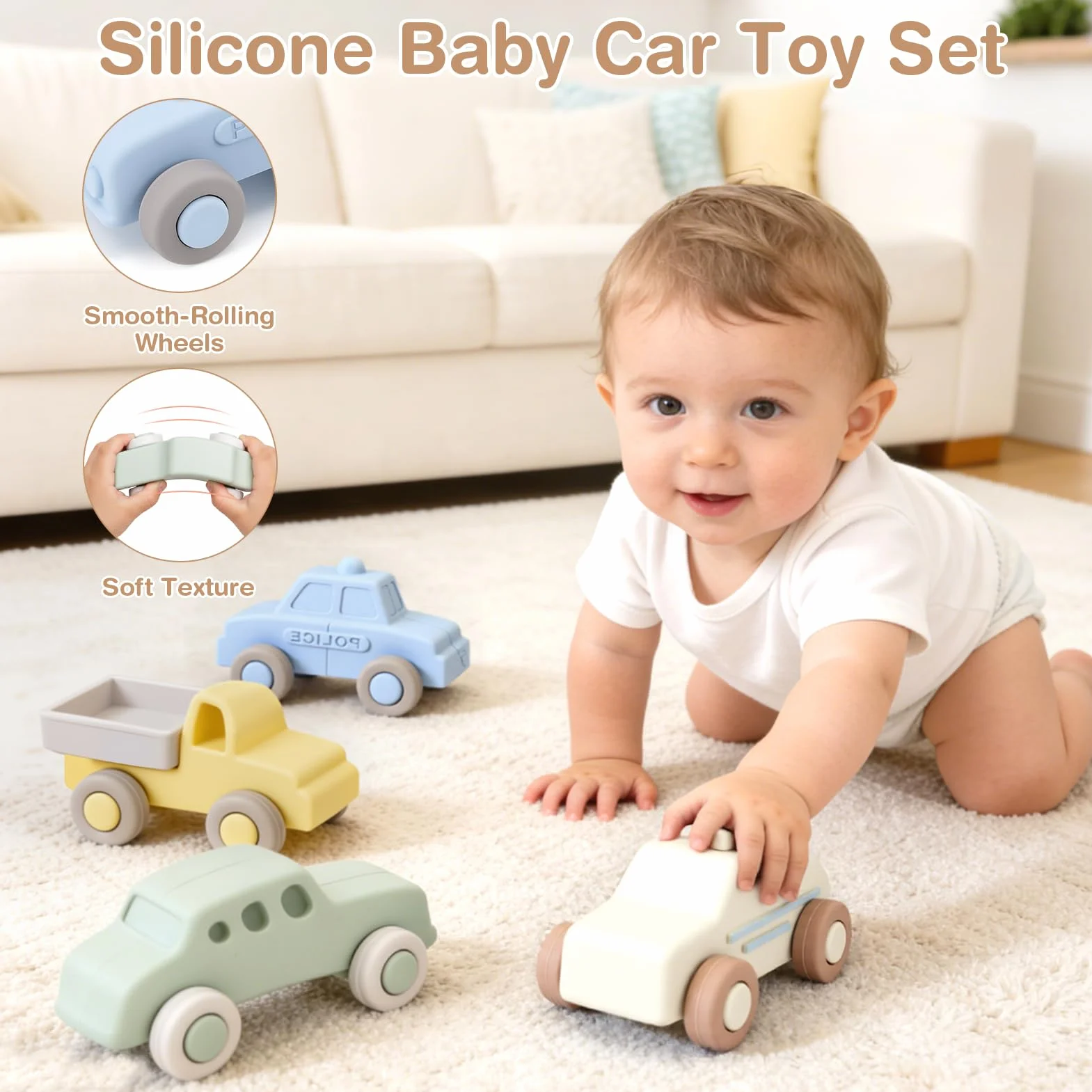 Vanplay Macchinine per Bambini, Giochi Bambini 1 Anno Giochi Montessori 6 Mesi+ Silicone Dentizione Neonato Regalo Bambino 1 Anno (4 Pezzi)