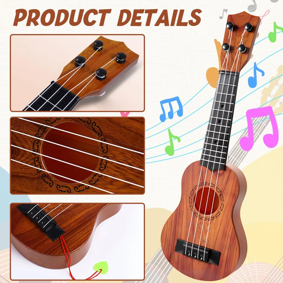 Chitarra per Bambini, 38cm Ukulele Bambini con 4 Corde Regolabili, Chitarra Giocattolo per Bambino Piccoli e Principianti
