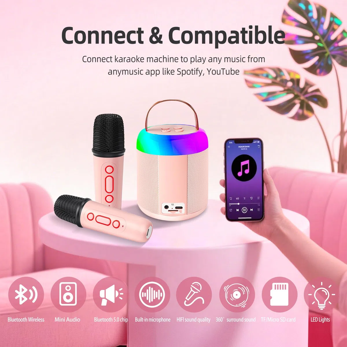 Karaoke per Bambini con Microfono,Regalo Compleanno Bambina 3-12 Anni,Cassa Bluetooth con Luce LED e Cambia Voce,2 Microfoni Wireless,1 biglietto di auguri,per Ragazzi e Ragazze 3-15 Anni