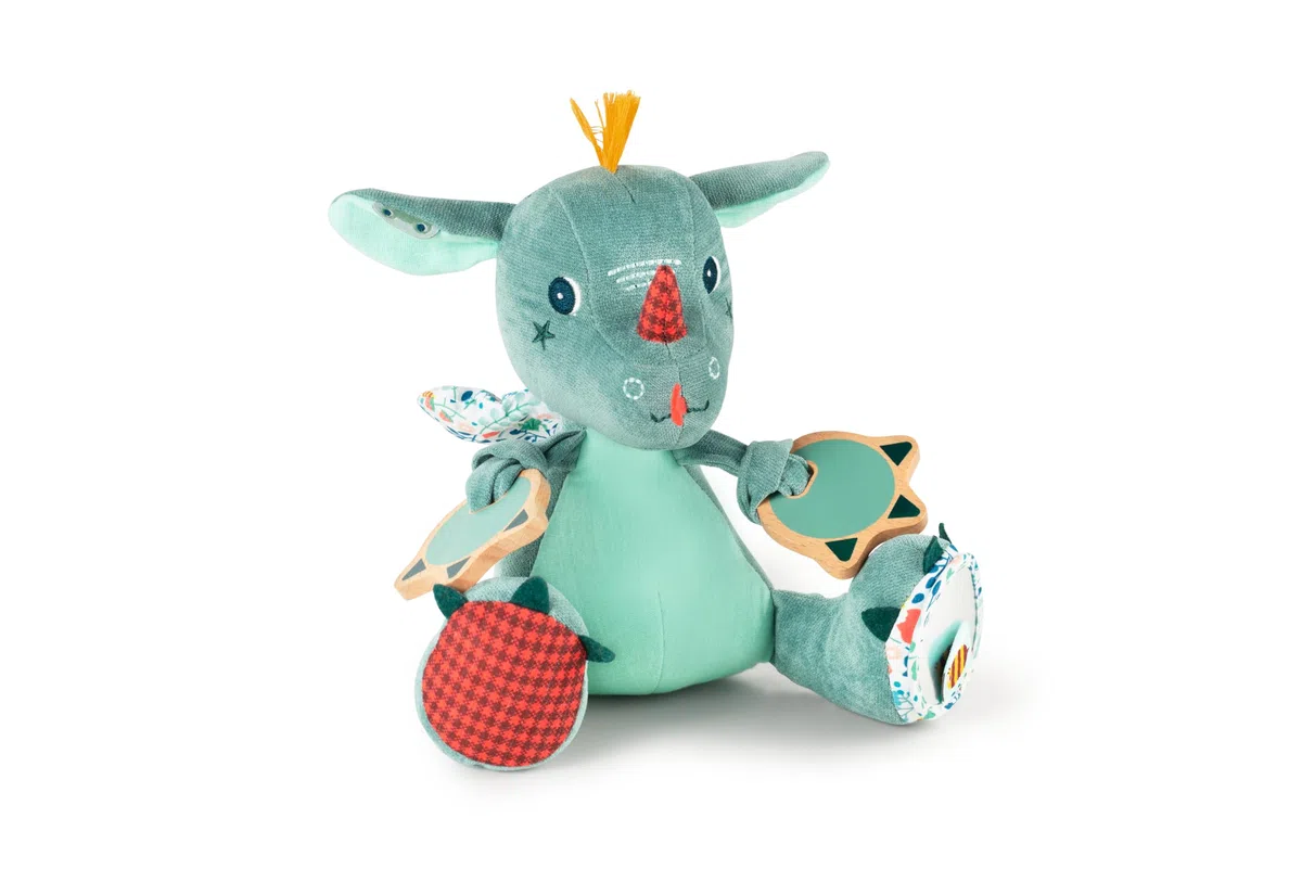 LILLIPUTIENS - Sonaglio attività Joe Il Drago - Peluche interattiva per Neonati con Specchio, sonaglio e Carta Frusciante - Stimola i Sensi, la motricità e l’immaginazione - Giocattolo educativo