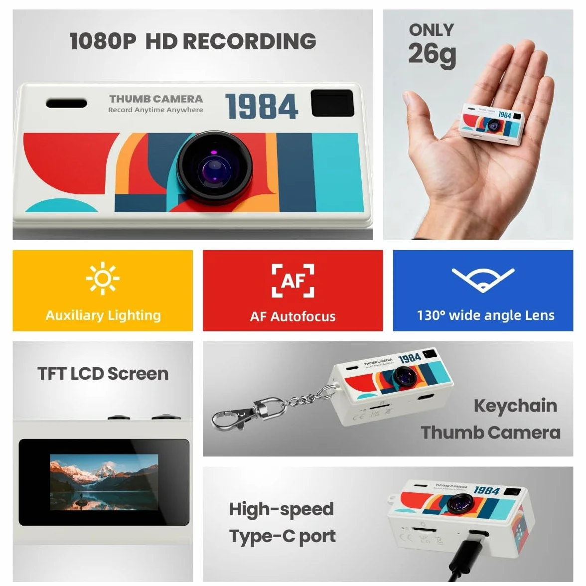 Mini Camera Keychain, Retro Portable Thumb Camera, Mini Digital Camera, 1080P 130° Wide Angle Pocket Video Camcorder, for Travel Vlog Recording (Yellow)