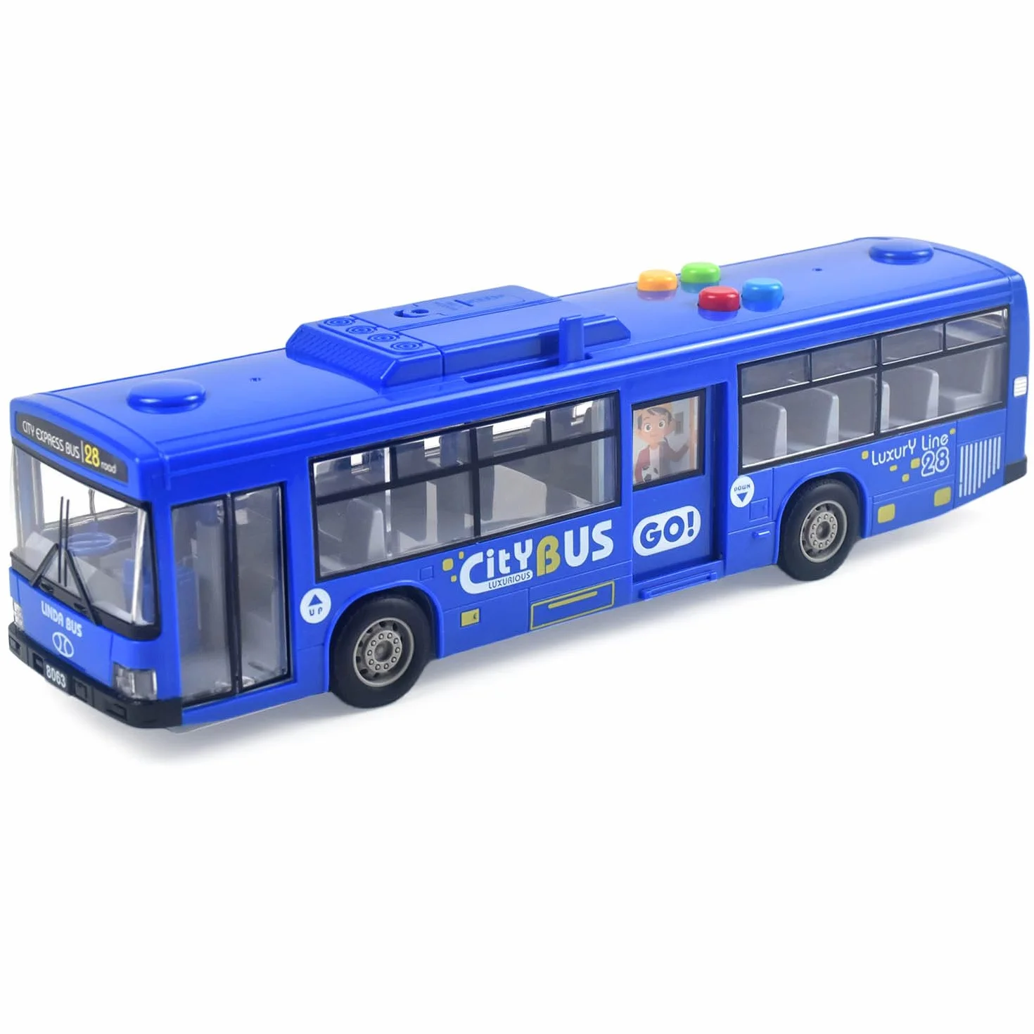 Giocattolo a forma di autobus per ragazzi e ragazze, con luci e suoni, pneumatici realistici, porte funzionali simulate, movimento ad attrito, blu