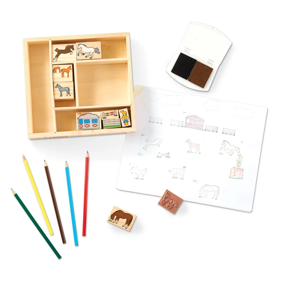Melissa & Doug Timbri per Bambini - Set Stampi Cavalli in Legno, Lavoretti Creativi, Inchiostro Lavabile, Regalo per Feste, per Bambini, 4+ Anni