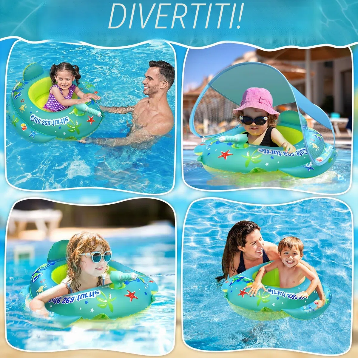Anello da nuoto per bambini, Ciambella da nuoto per bambini, sedile di sicurezza con pistola ad acqua e tettuccio parasole, Salvagente Bambino per Piscina per bambini da 1 a 4 anni