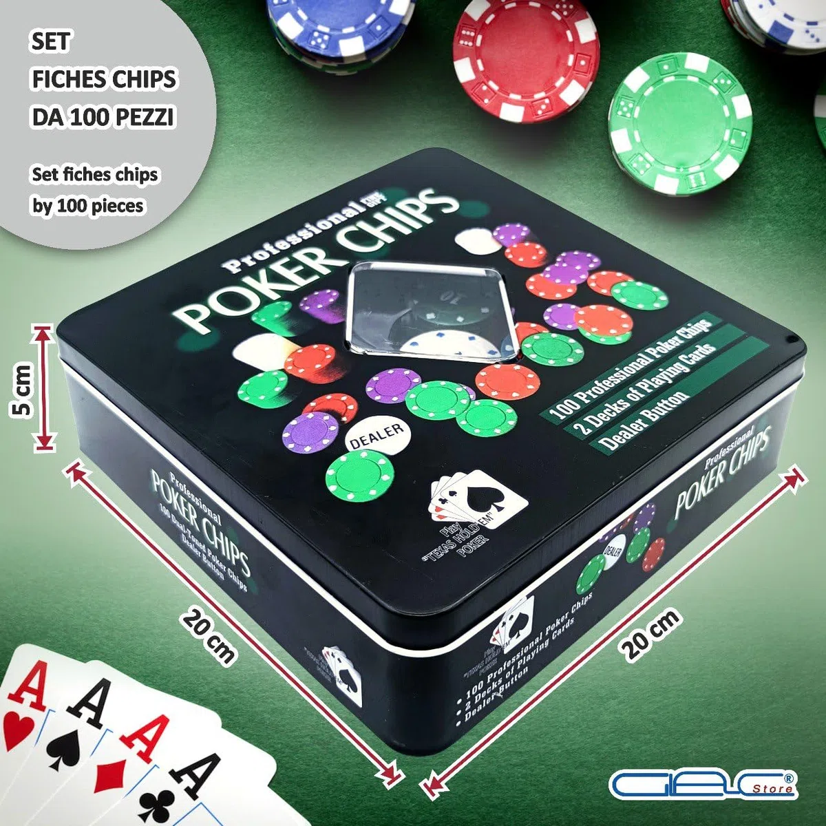 Set da Poker con Scatola in Metallo, 100 Fiches, 2 Mazzi di Carte, Fiches Dealer