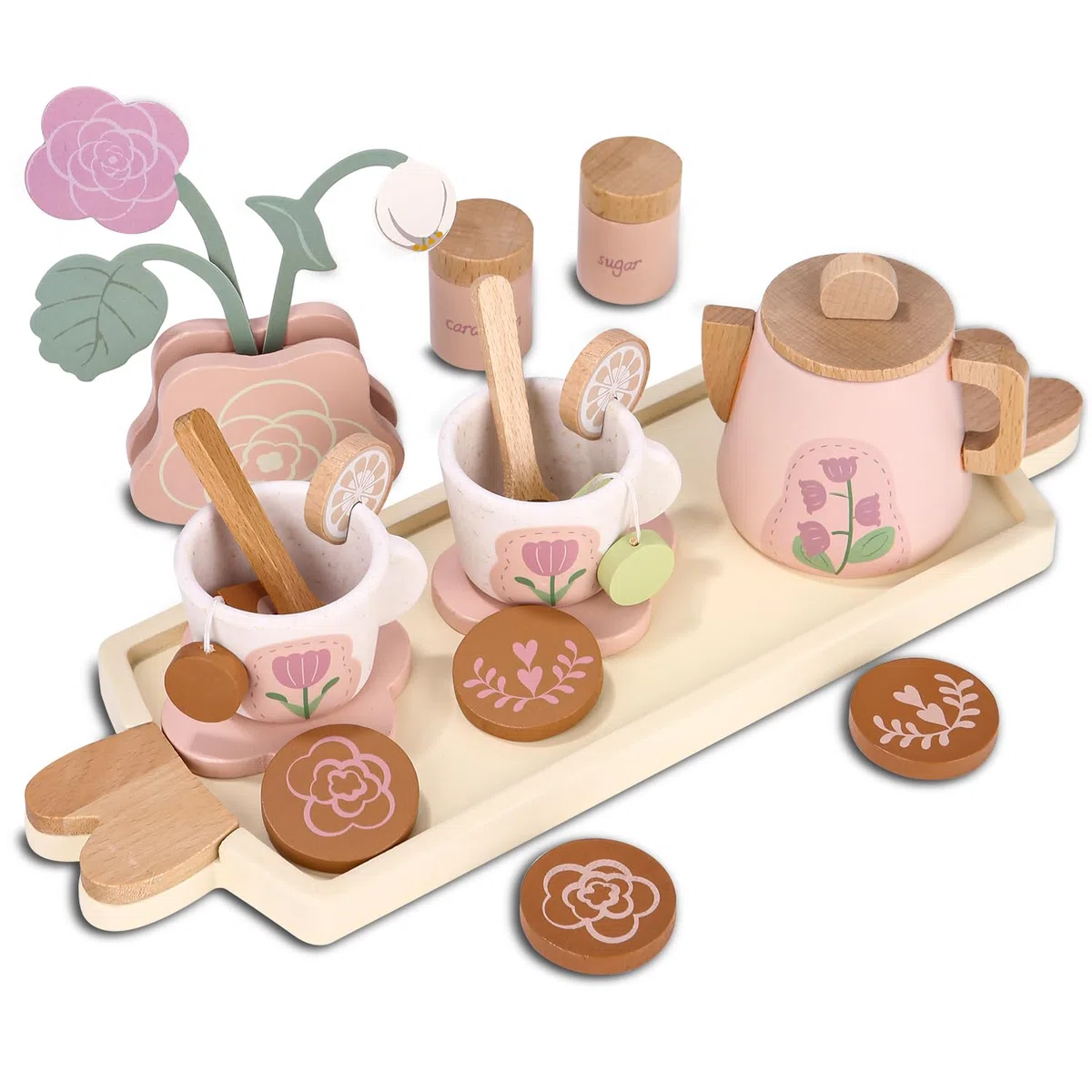 Set da Tè e Accessori Cucina in Legno per Bambini, Giochi Educativi, Servizio da Tè, Regalo per Ragazze e Ragazzi dai 3 Anni