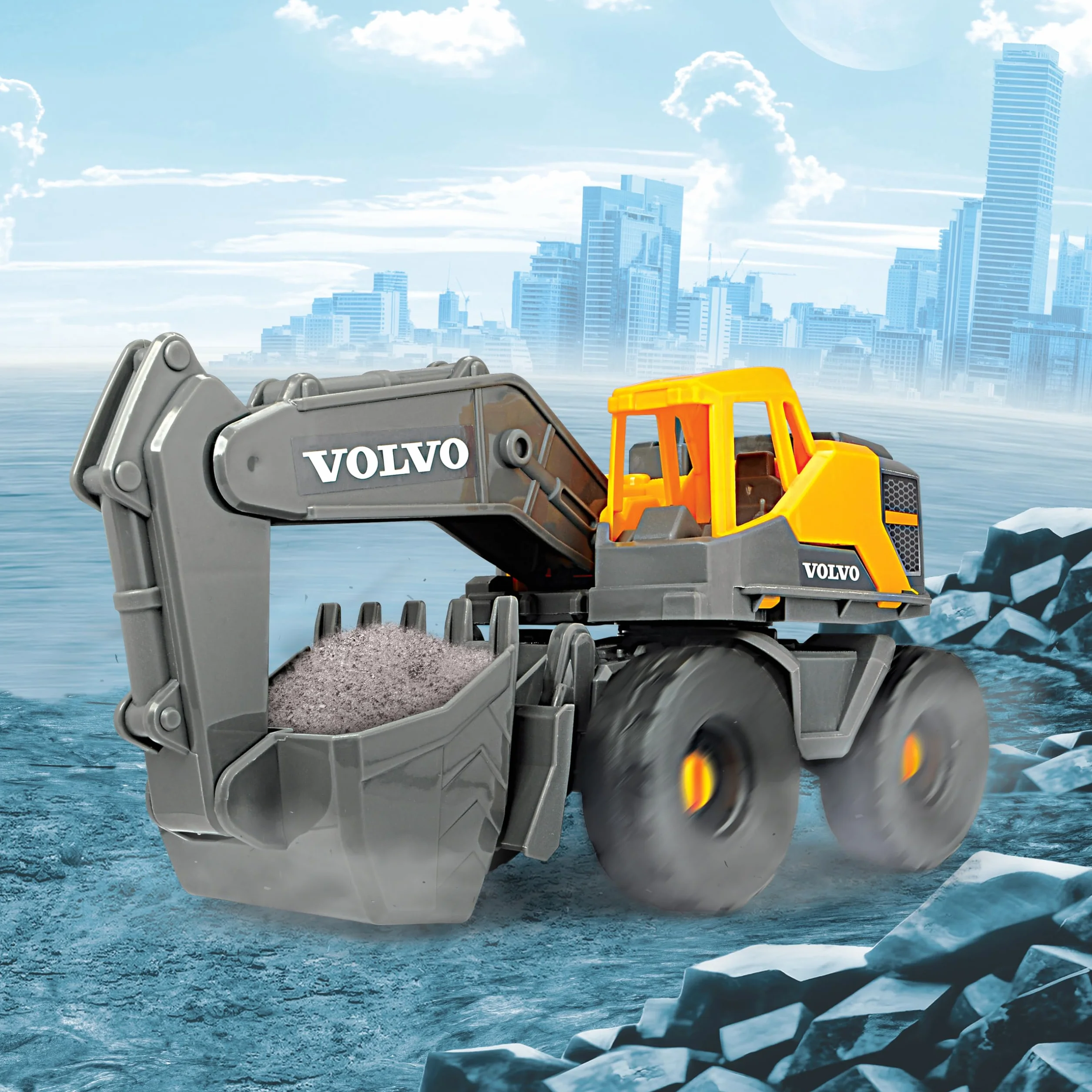 Dickie Toys - Volvo Escavatore Tough (26 cm) - Escavatore a pala giocattolo per bambini dai 3 anni in su, con ruota libera, braccio mobile e pala, adatto come giocattolo di sabbia