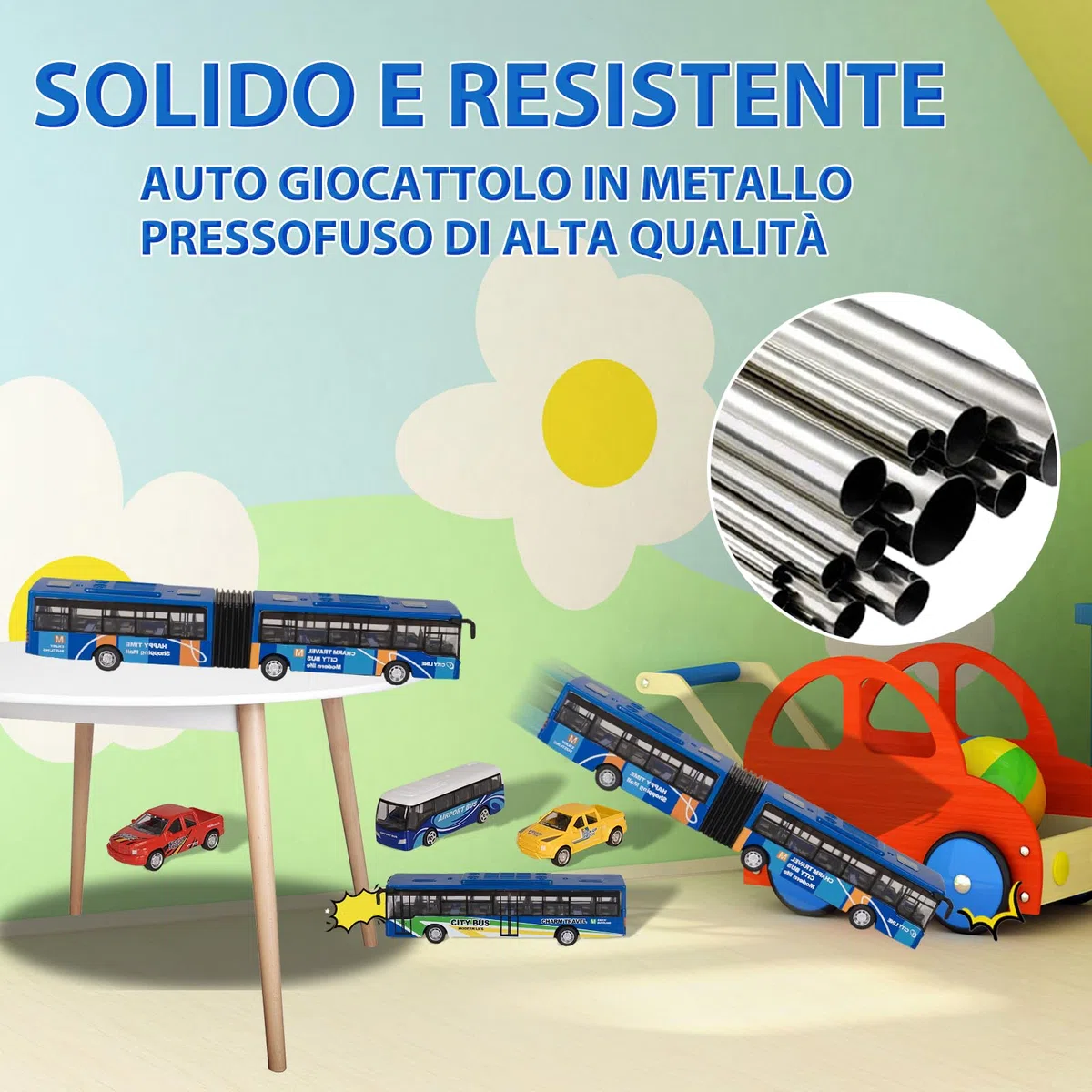 VBACALA Set Autobus Giocattolo per Bambini 5 Pezzi con Autobus Urbano,per l'Aeroporto,Articolato Metropolitana e Mini Pickup Camion,Funzione Pull-Back Veicoli Giocattolo,Regalo di per 3+ Bambini