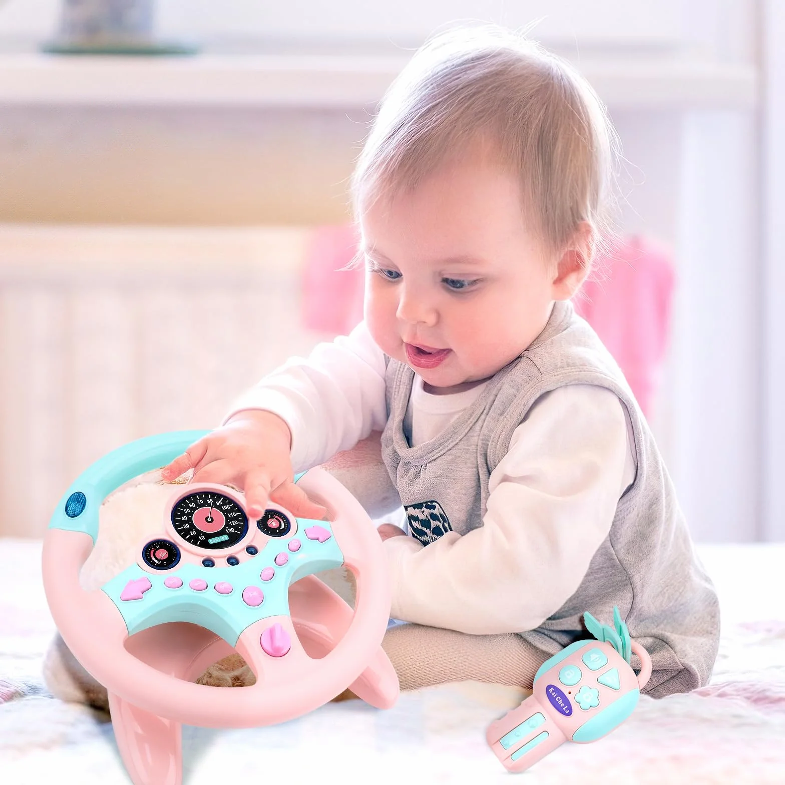 deAO Volante Auto Bambino Simulatore di Guida Bambino Volante Portachiavi con Rotazione a 360°, Funzioni sonore e Luminose (Rosa)