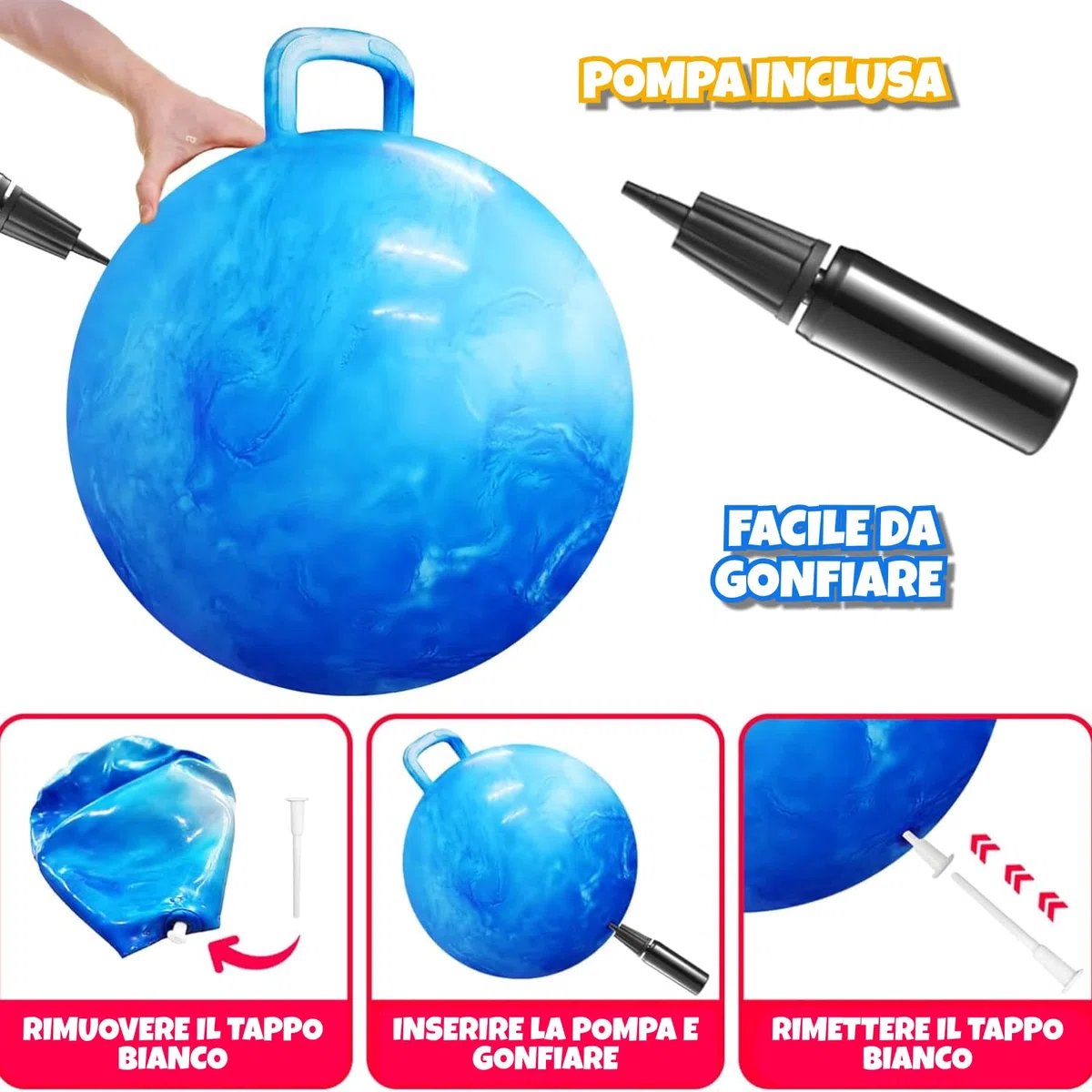 Bedwina Palla Rimbalzante 50,1 cm per Bambini – con Maniglia e Pompa, Giocattolo Gonfiabile Sicuro e Resistente per Interno/Esterno e Gioco Attivo