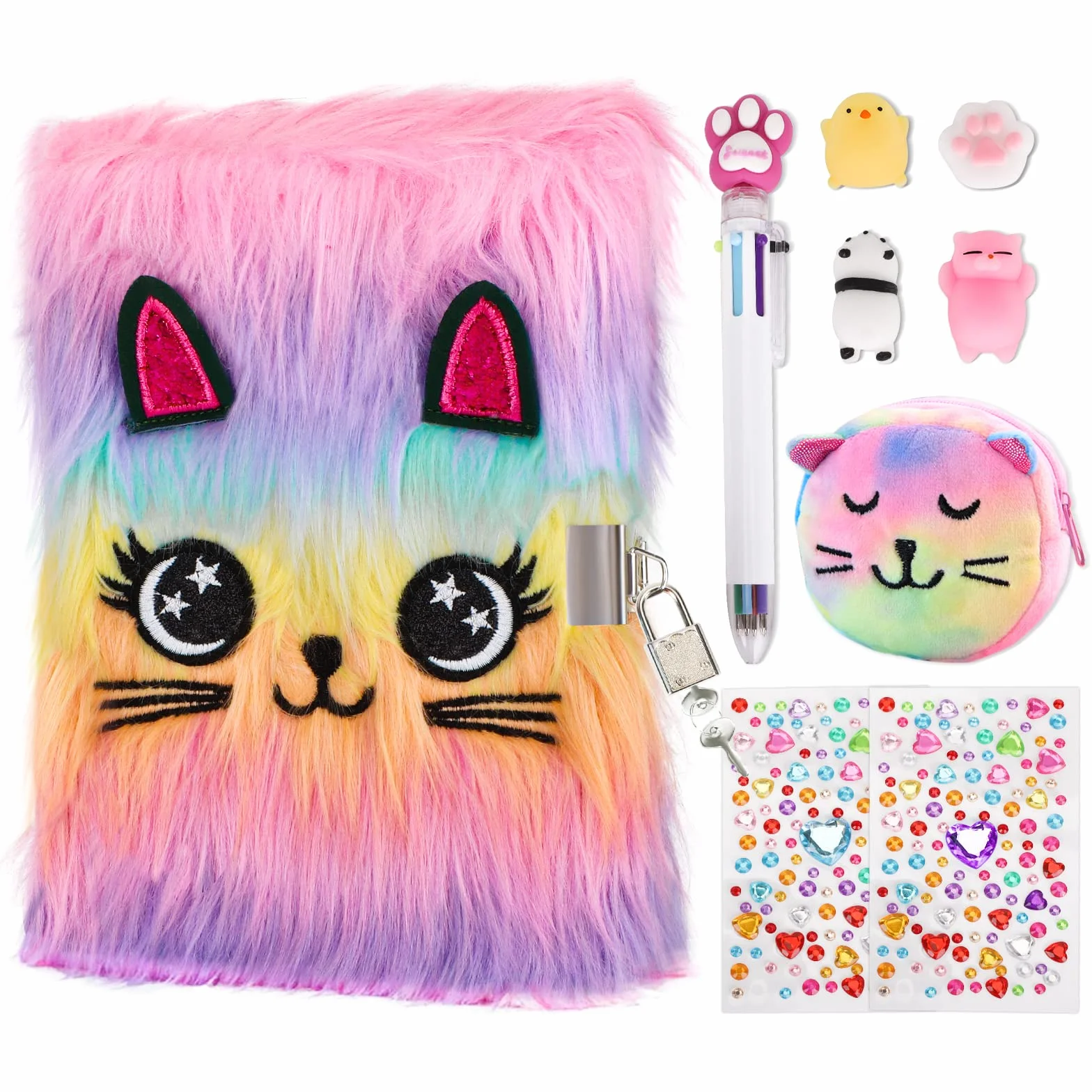 homicozy Diario Segreto Bambina, 9 Pcs Peluche Quaderno Set con Lucchetto, 160 Pagine A5 Privato Diario, Taccuino Cancelleria Set con 4 Giocattoli Silicone, 6-colori Penna, Regalo Ragazza 5-12 Anni