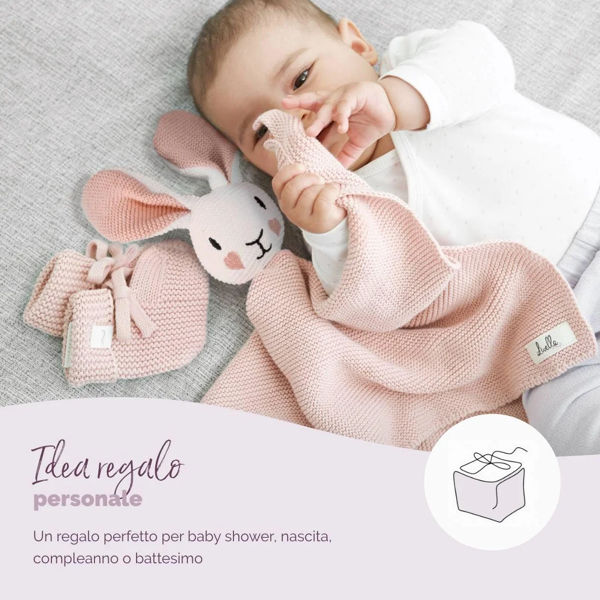 Livella Doudou Coniglietto con calzini - Puro cotone biologico - Copertina premium, copertina coccole, coperta a maglia - Morbidissima e traspirante - OEKOTEX® STANDARD 100 e certificata GOTS