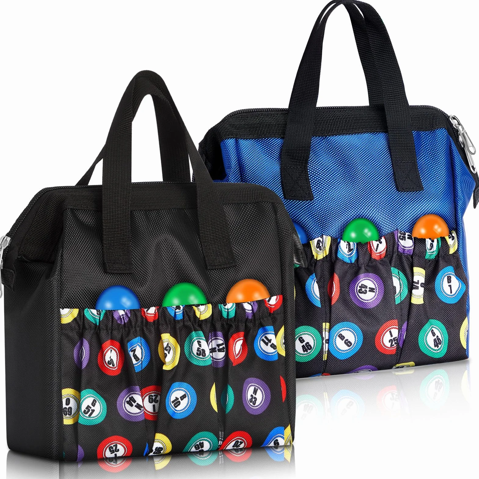 Sweetude Borsa da bingo Dauber con manico e cerniera, con 6 tasche esterne e 3 tasche interne, 2 pezzi, nero, blu., Large, Borsa casual