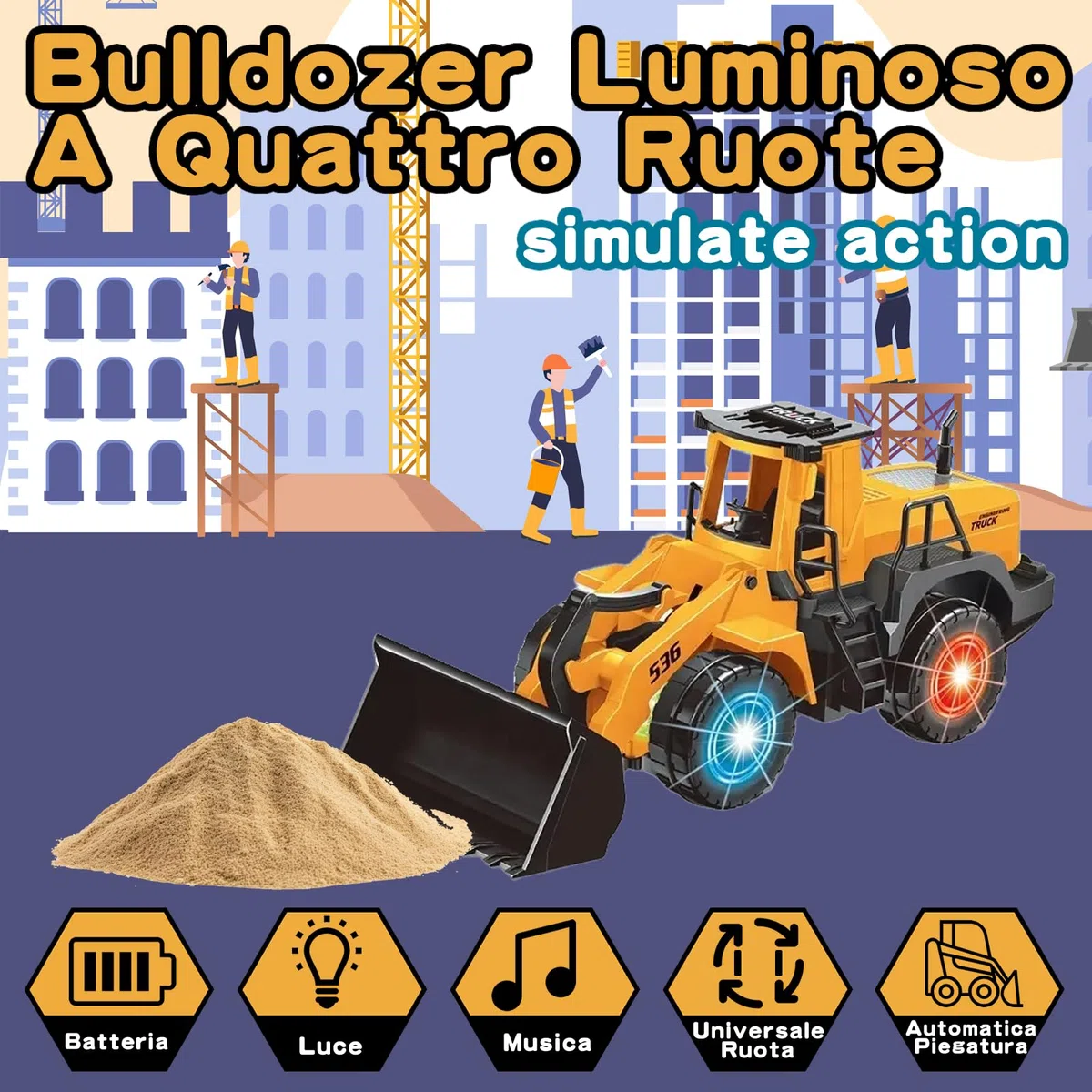 Bulldozer Giocattolo,camminare automatico con suono e luce veicoli da cantiere,Camion da Cantiere Bulldozer,Giocattolo di Sabbia da Miniera,con luci e musica multipla,per bambini 3-7anni
