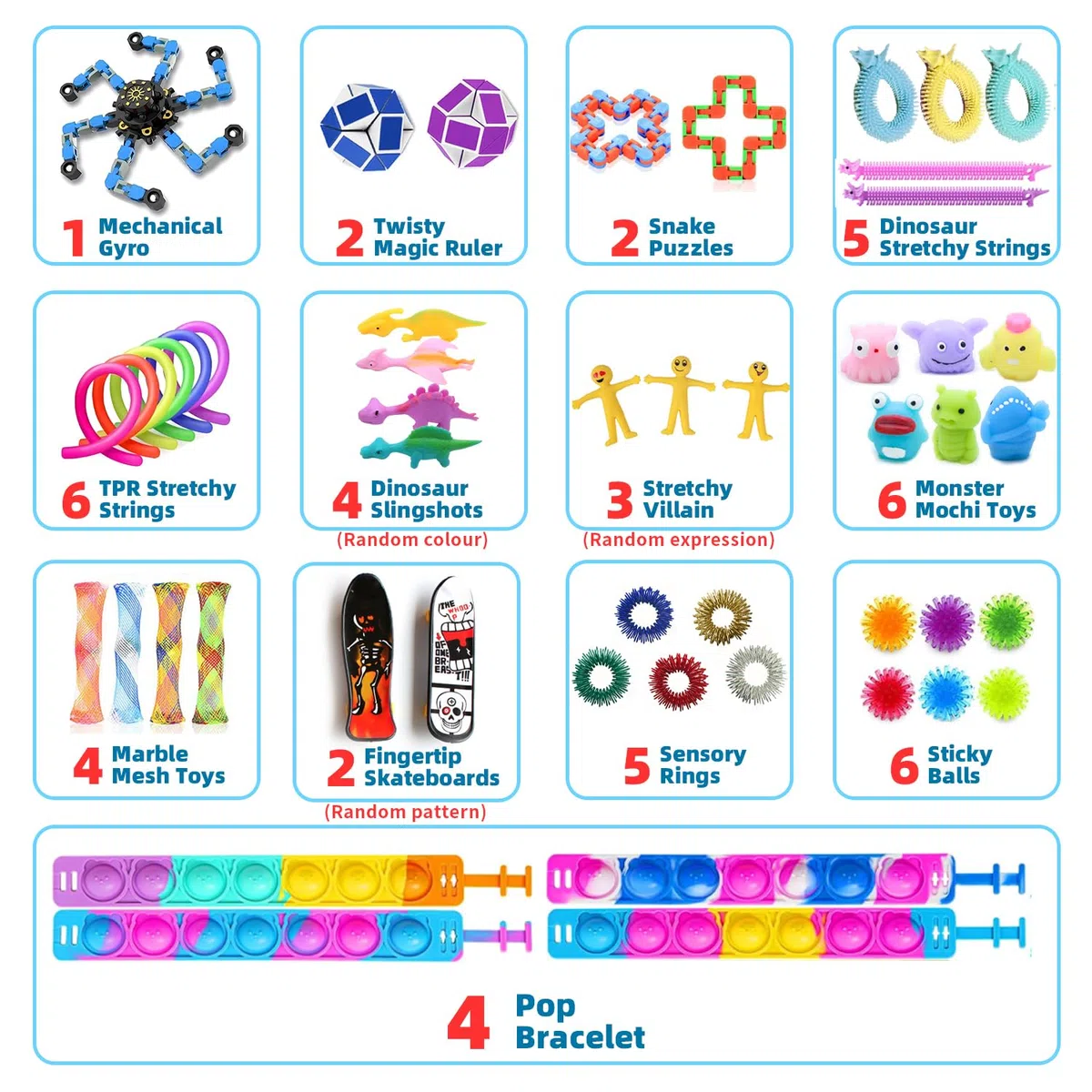 JUAUO 50 Pcs Giocattoli Fidget, Giocattoli Ansiolitici per Bambini e Adulti, Antistress per Autismo e Adhd, Set di Giocattoli Sensoriali per Feste di Compleanno Per Bambini