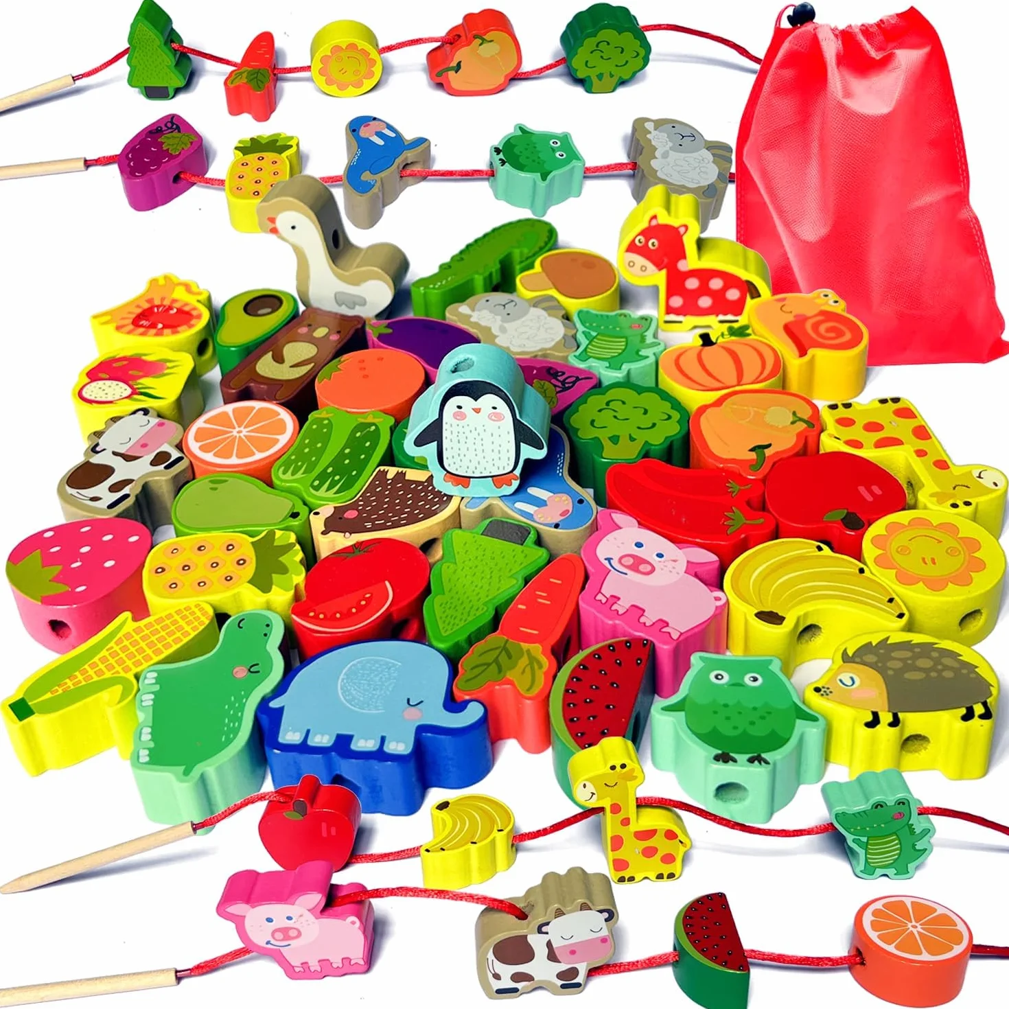 Giocattolo in Legno Fädelspiel Montessori Giocattolo Motorio 42 Pezzi Perline in Legno Frutta Animali Giochi Regalo per Ragazzi e Ragazze Giocattolo per Bambini a partire da 3 Anni