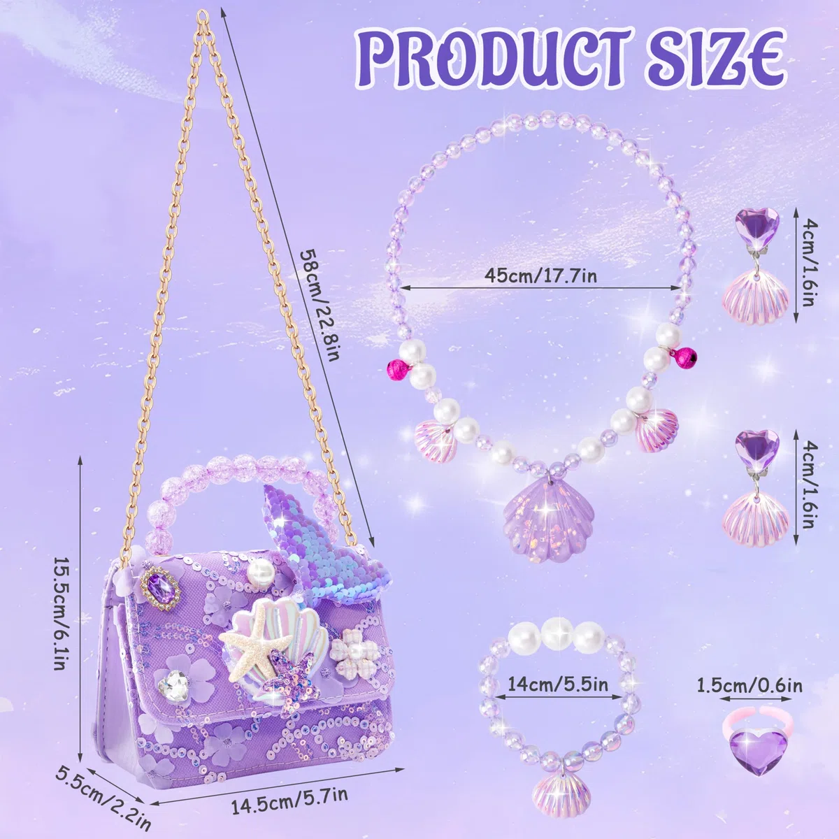 Borsa a Tracolla per Ragazze Tema Della Sirena Principessa Borsa Pochette con Il Set di Gioielli da Vestire Graziosa Piccola Portafoglio Collana Bracciale Orecchini Anelli per le Bambine, 3-7 Anni