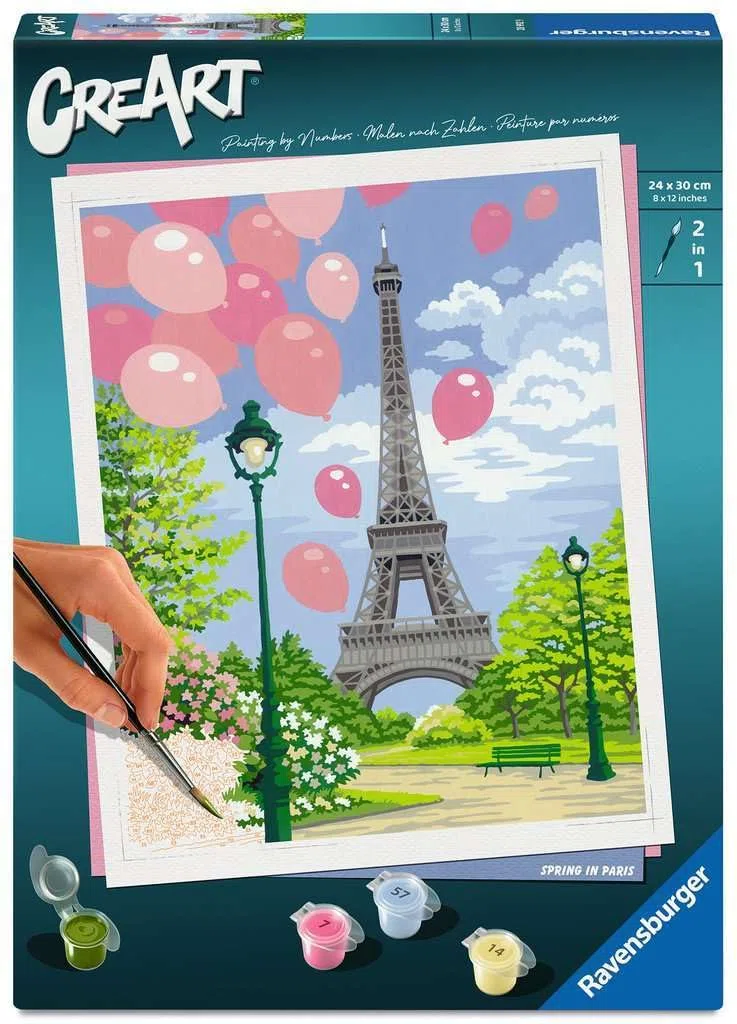 Ravensburger - CreArt Primavera a Parigi, Kit per Dipingere con i Numeri, Contiene Tavola Prestampata 24x30 cm, Pennello, Colori e Accessori, Gioco Creativo e Relax per Adulti 14+ Anni