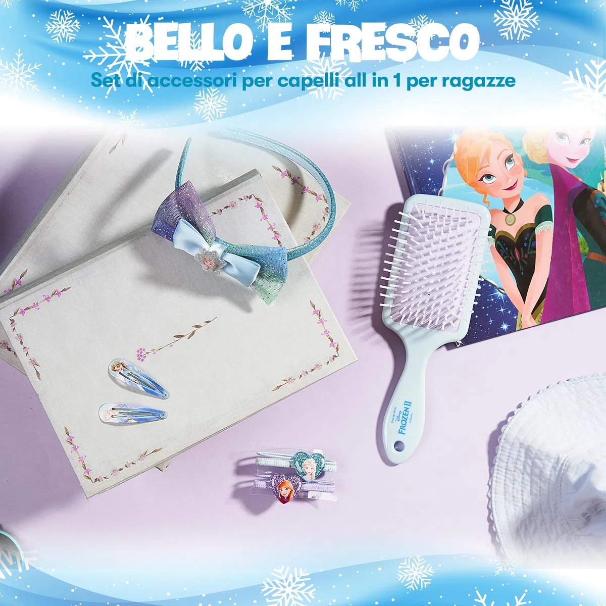 Frozen - Elsa e Anna - Kit Set Accessori per Capelli - Spazzola,Cerchietto, Mollette - Costume da Principessa - Idee Regali Regalo per Bambina e Ragazza