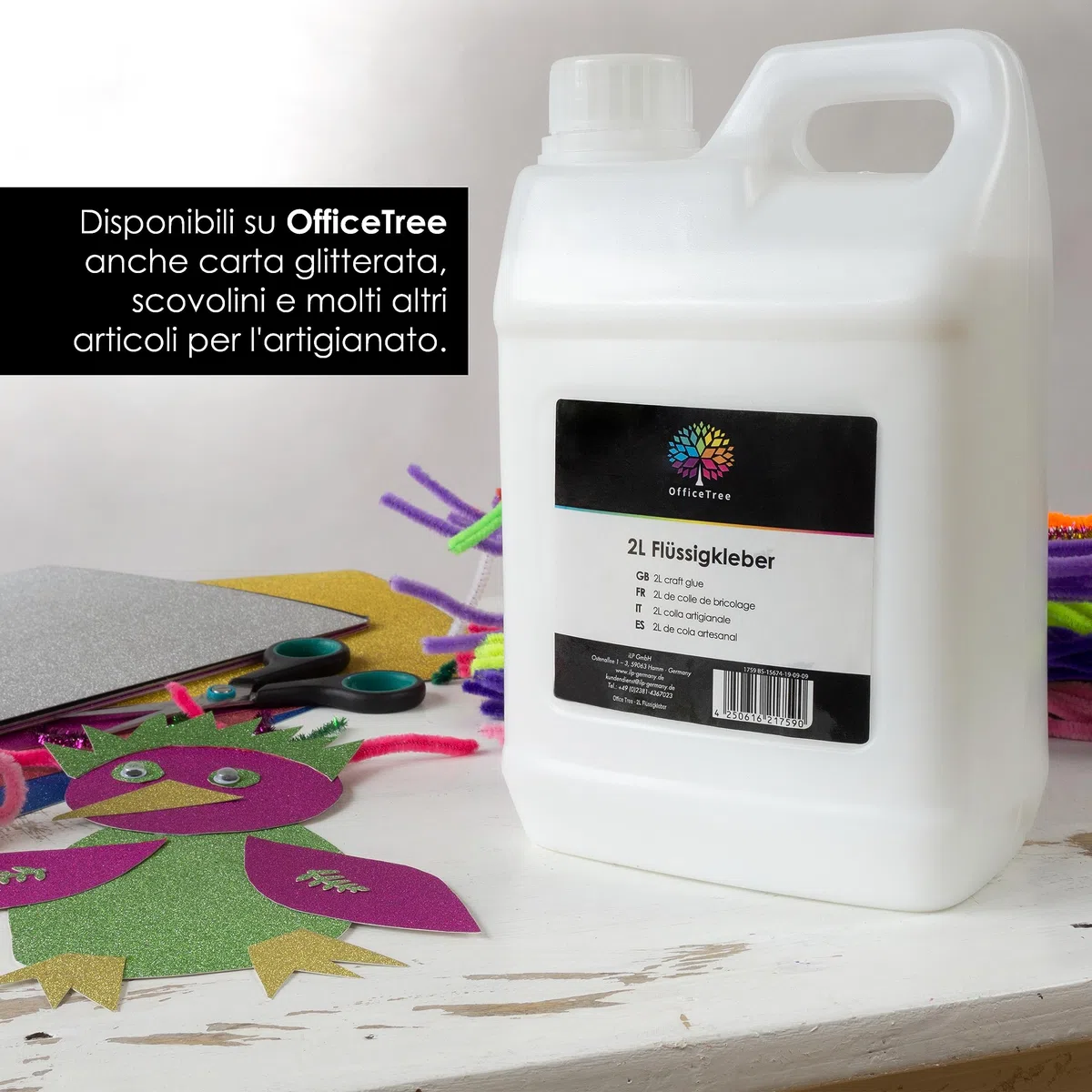 OfficeTree 2 litri di colla trasparente per fai da te – colla liquida senza solventi per bambini