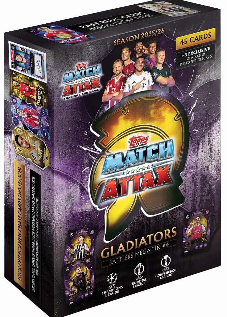 Topps UCC Match Attax 2025/26 - Mega Tin - Battlers - contiene 45 carte Match Attax più 3 carte esclusive Gladiators LE.