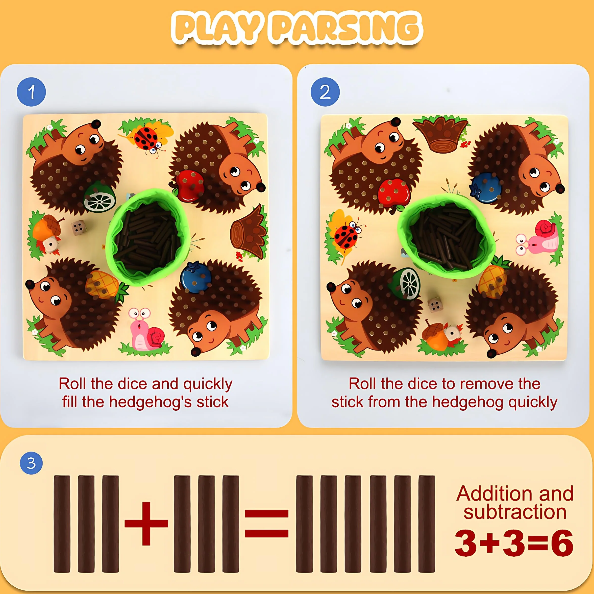 Gioco di Dadi per Riccio, Giochi di Società in Legno, Abilità Motorie Giocattoli Educativi da Tavolo, Giochi Legno Montessori per Bambini 3 4 5+anni, Adulti, Famiglia e Feste