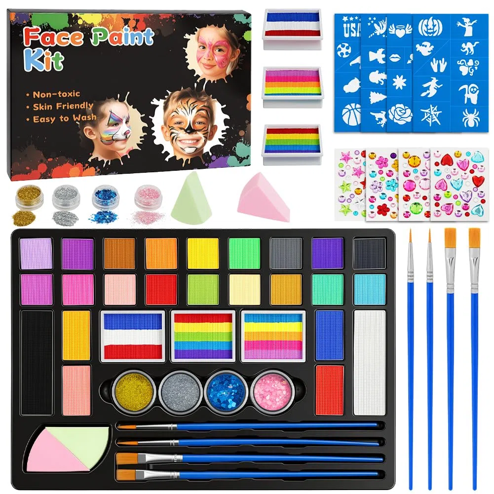 Truccabimbi Trucco per Bambini, 24 Colori Trucco Viso Bambini con 4 Pennelli, 40 Adesivo per Tatuaggi, 4 Stencil a Diamante, Body Painting per Halloween Carnevale Feste Natale