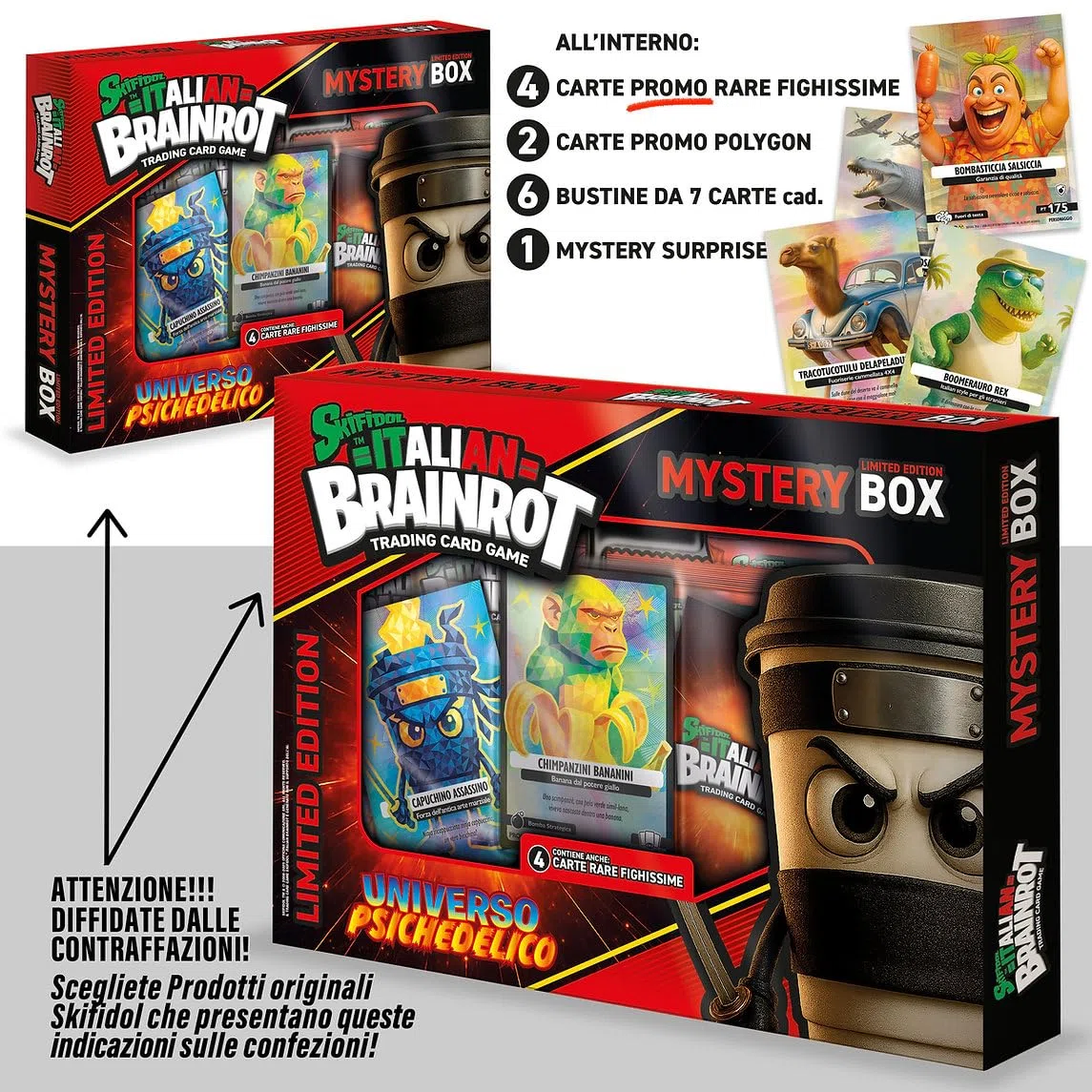 Generico Skifidol Italian Brainrot Mystery Box Universo Psichedelico, Trading Card Game, Edizione Limitata con 4 Carte Promo Rare, 2 Polygon e 42 Carte Serie Alpha