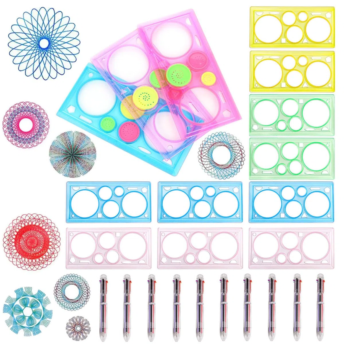 Set di strumenti da disegno Spirograph 20 pezzi, 10 righelli geometrici con 10 penne a sfera multicolori, strumento multifunzionale per disegno - Regalo per feste di compleanno per bambini