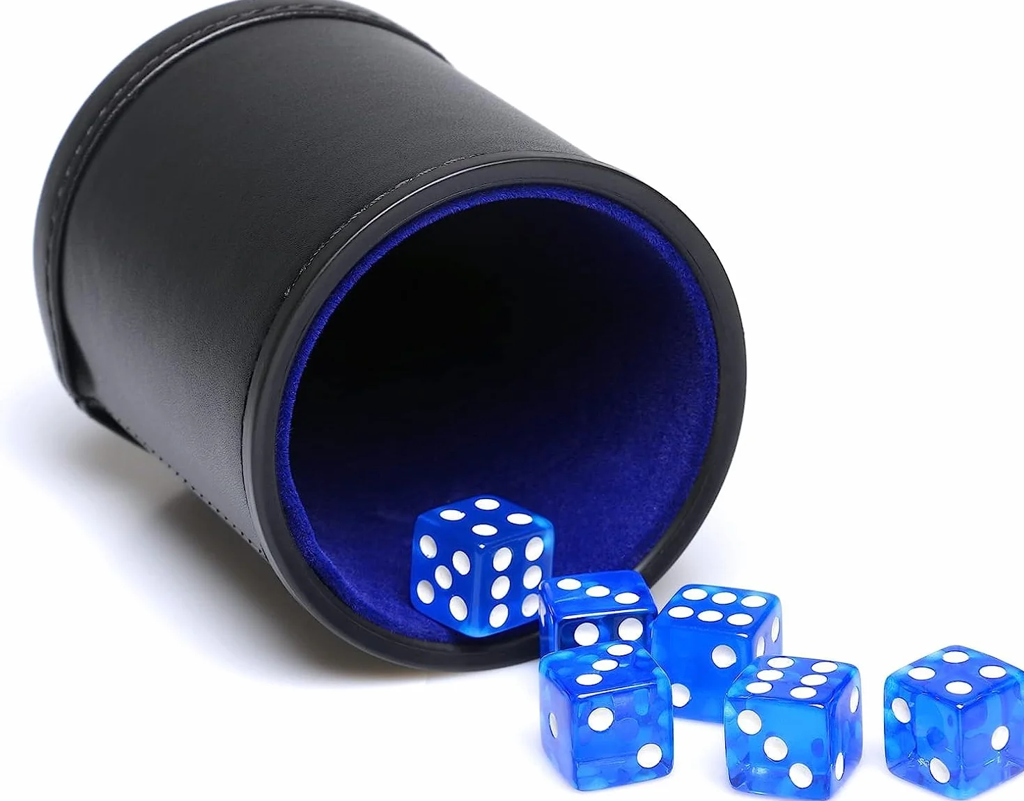 Coppa per dadi in pelle PU con coperchio, interno in velluto blu, silenzioso, include 6 dadi traslucidi blu per dadi bugiardi/farkle/giochi Yahtzee
