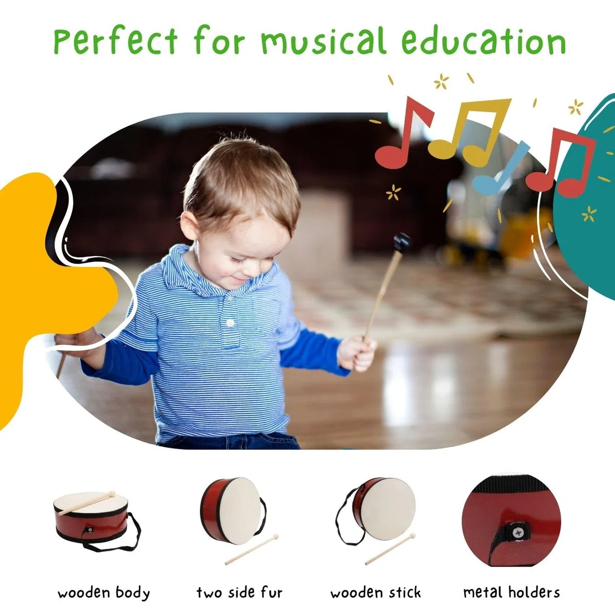Tamburo per bambini, strumento musicale in legno con tracolla e stick D: 20 cm - 3847