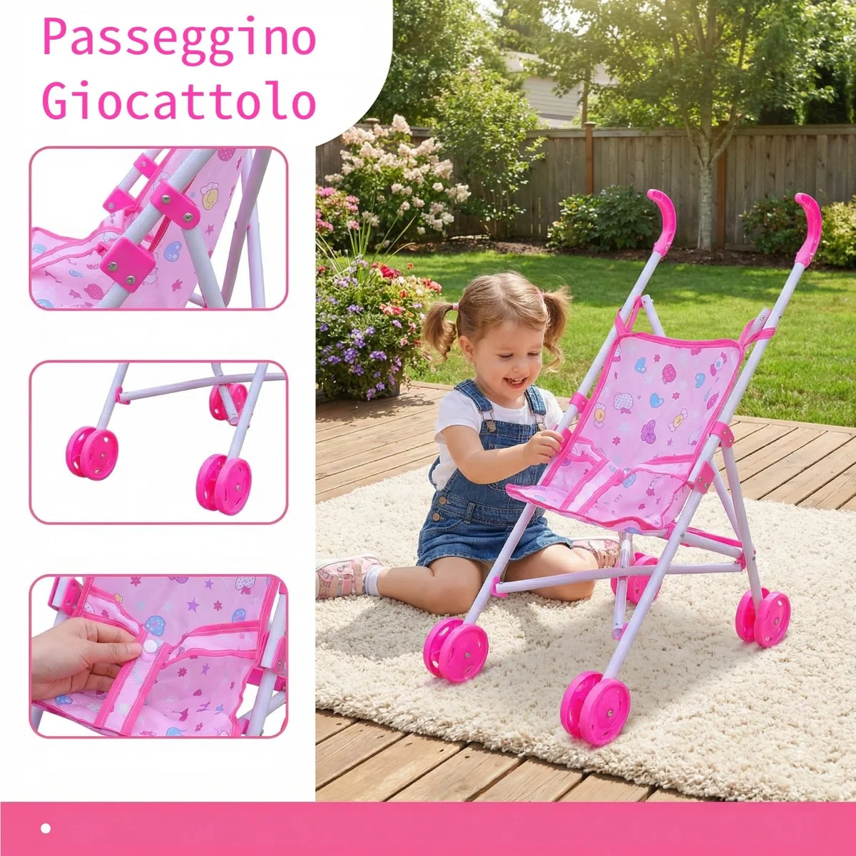 Passeggino per Bambole in Plastica E Tessuto, Carrozzina Interattiva (Bambola Non Inclusa) Pieghevole, Passeggino Giocattolo per Bambine Dotato Di Ruote Lisce a Doppia Fila