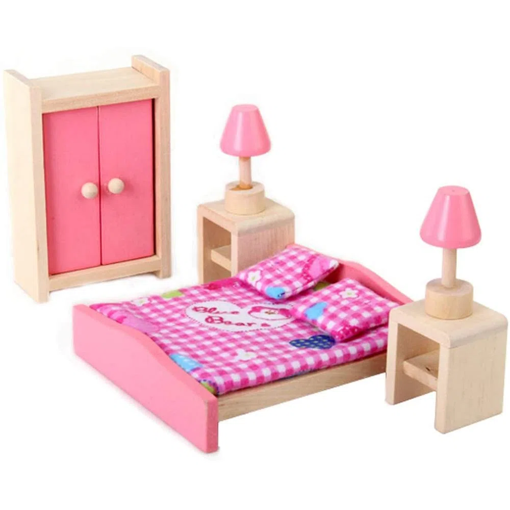 POFET Set da gioco in legno rosa per camera da letto fingere gioco casa di bambole set realistico miniatura display figure modello letto armadio toletta culla