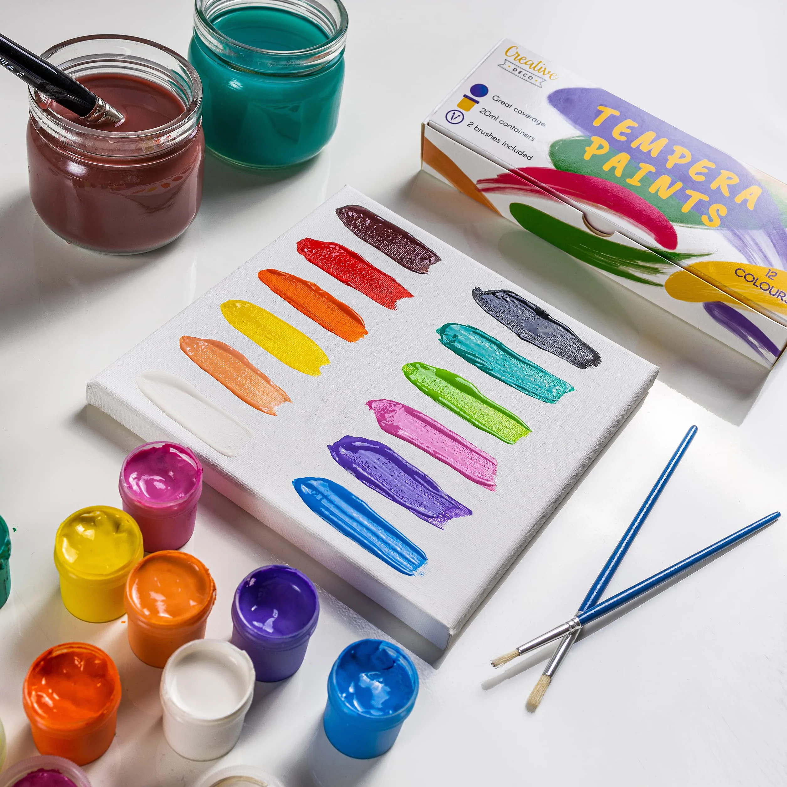 Creative Deco Set di Tempere Lavabili per Bambini | 20 ml x 12 | Colori a Dita per Dipingere | Intensi. Vibranti. Pigmentati Colori Primari | Sicuri e Non Tossici | Copertura Perfetta e Finitura Opaca