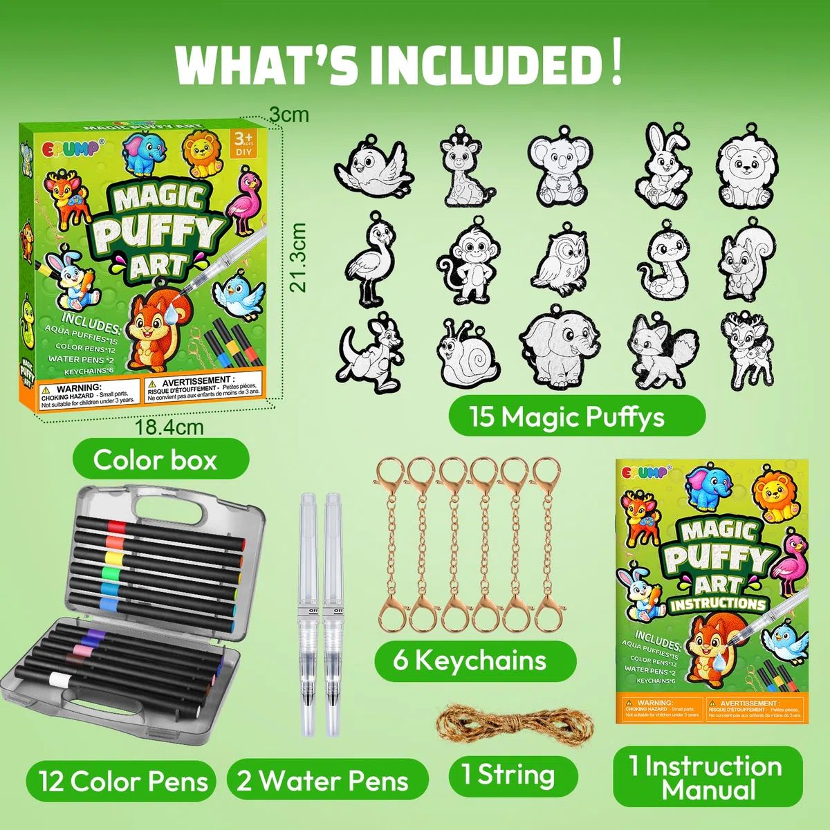 EPUMP 15 Pezz Animali Pittura Magica Puffy Kit per Bambini, Kit Pittura 3D con Schiuma Magica e 12 Pennarelli Colorati, Attività DIY di Colorazione e Lavoretti Creativi per Bambini e Bambine 3+ Anni