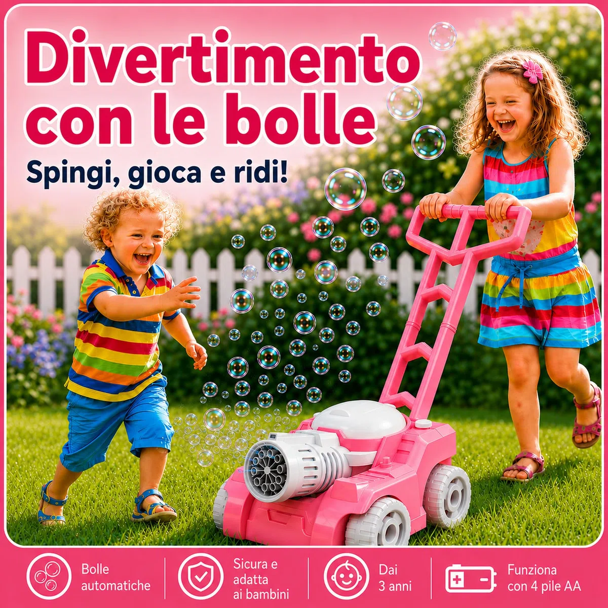 Tosaerba a Bolle per Bambini con Luce, Macchina per Bolle di Sapone da Esterno, con 4 Flaconi da 50 ml e 10 Bustine Concentrate, Giocattolo Rosa per Giardino, Cortile e Parco