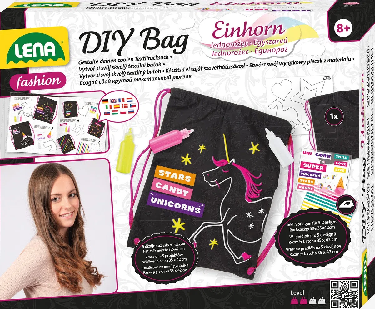 Lena 42607 - Set Fai da Te, Zaino con Unicorno, Set Completo con Zaino in Lino, Circa 35 x 42 cm, 3 matite in Tessuto, 3 Stencil e pellicole da Stirare, Stile alla Moda per Bambini a Partire dagli 8